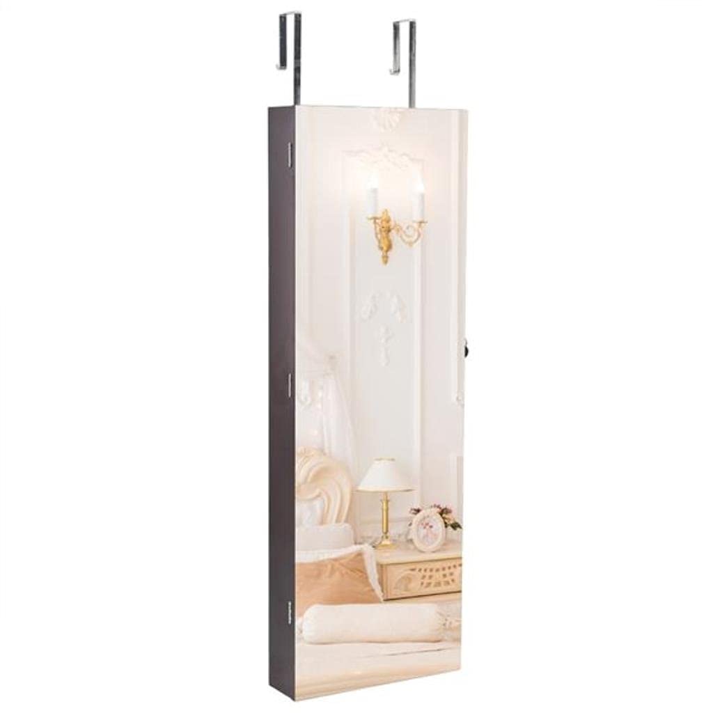 Full Length Mirror with 5-Tier Wooden Wall Shelf & 2 Drawers - Jewelry Storage Cabinet, Dark Brown - Perfect for Bedroom, Closet Organization & Vanity Decor