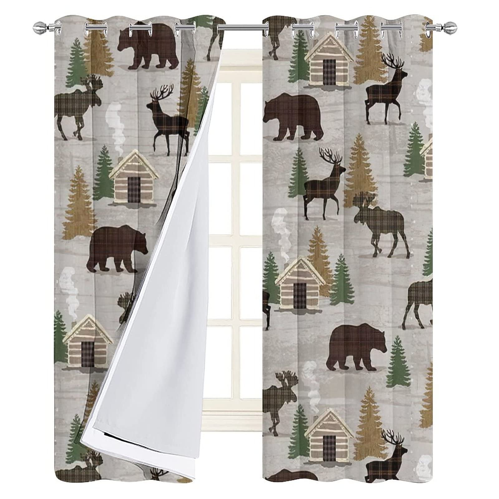Camouflage Blackout Curtains Set of 2 Panels - Country Farmhouse Lodge Style with Bear Moose Deer Prints - 42x63 Inch Thermal Insulated Window Drapes for Bedroom & Living Room - Perfect for Hunting Cabins, Rustic Home Decor, and Light Blocking
