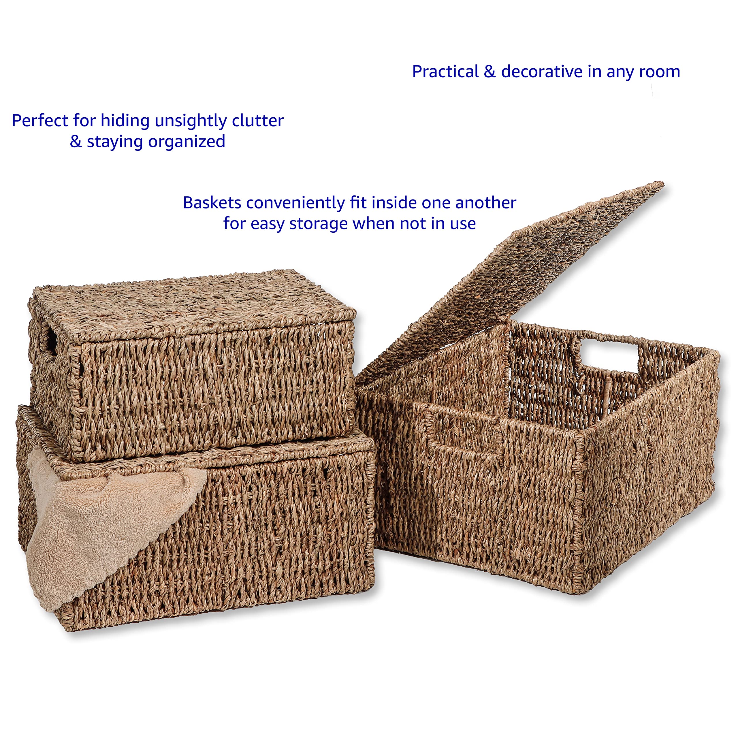 Natural Seagrass Baskets with Lids - Set of 3 for Home Storage