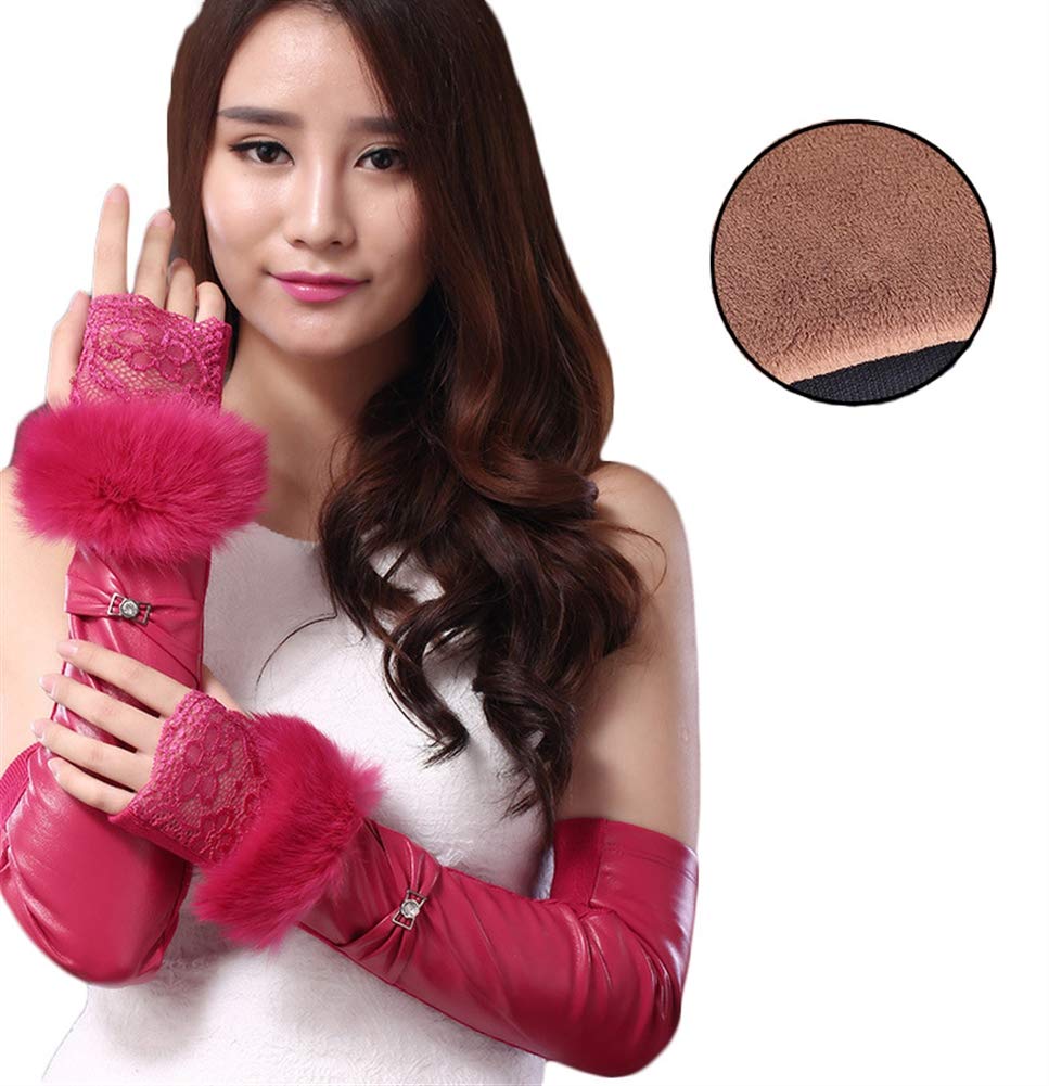 Icegrey Women's Winter Faux Fur Leather Fingerless Elbow Long Lace Driving Gloves - Warm Fashionable Touchscreen Gloves for Driving, Outdoor Activities & Cold Weather