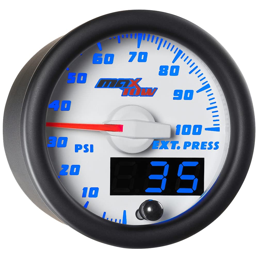 MaxTow Double Vision 100 PSI Exhaust Drive Pressure Gauge Kit with Sensor, Copper Hose & Fittings - White Face, Blue LED Dial - Analog & Digital Readout for Diesel Trucks (2-1/16