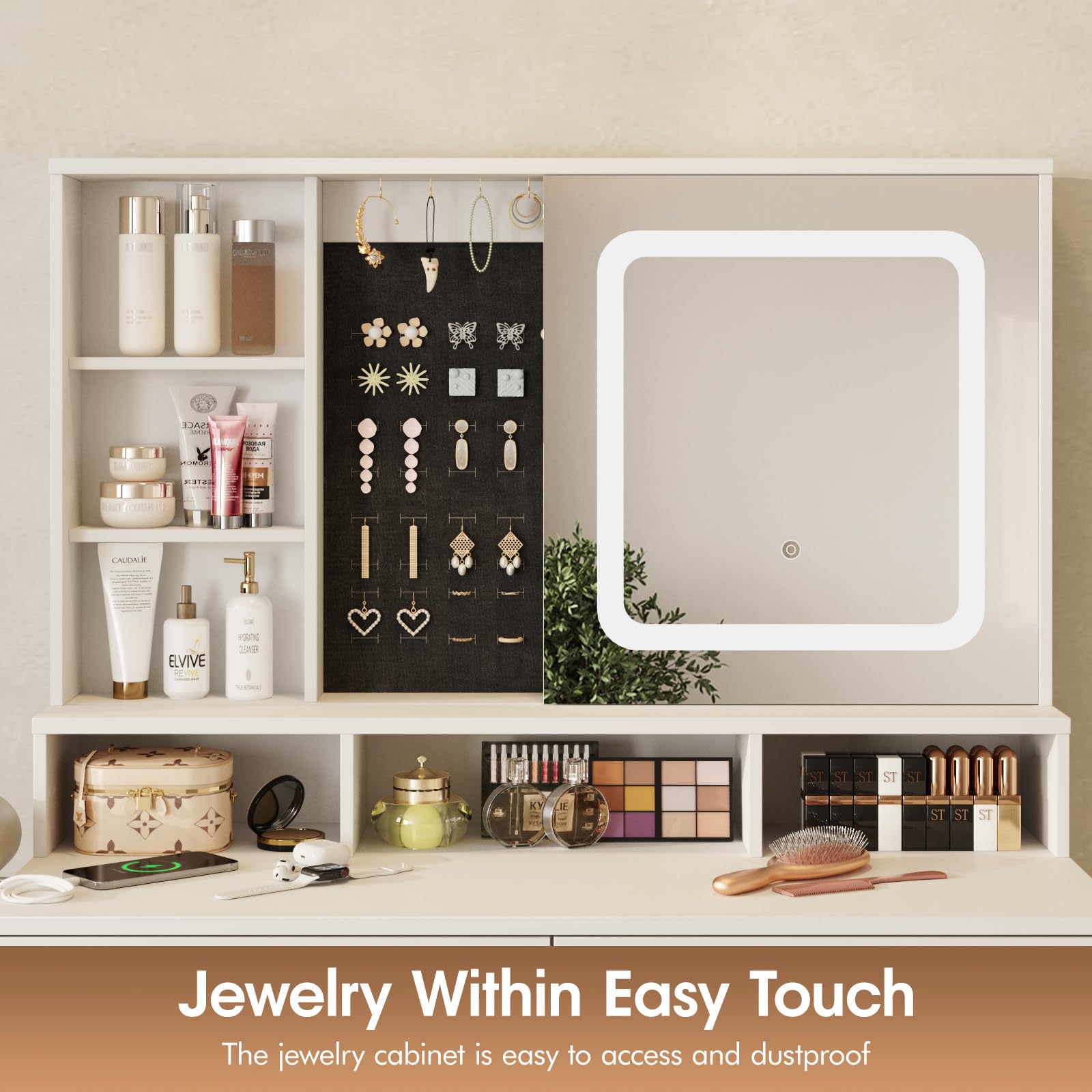 Vabches White Vanity Desk with LED Lights & Mirror - Makeup Dressing Table with Sliding Mirror, Jewelry Storage & 2 Drawers - Perfect for Bedroom, Dressing Room & Home Beauty Station