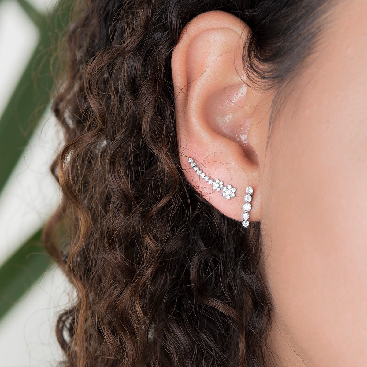 14k White Gold Diamond Flower Ear Climber Earrings for Women - Elegant Dangle Earrings for Parties, Weddings & Special Occasions