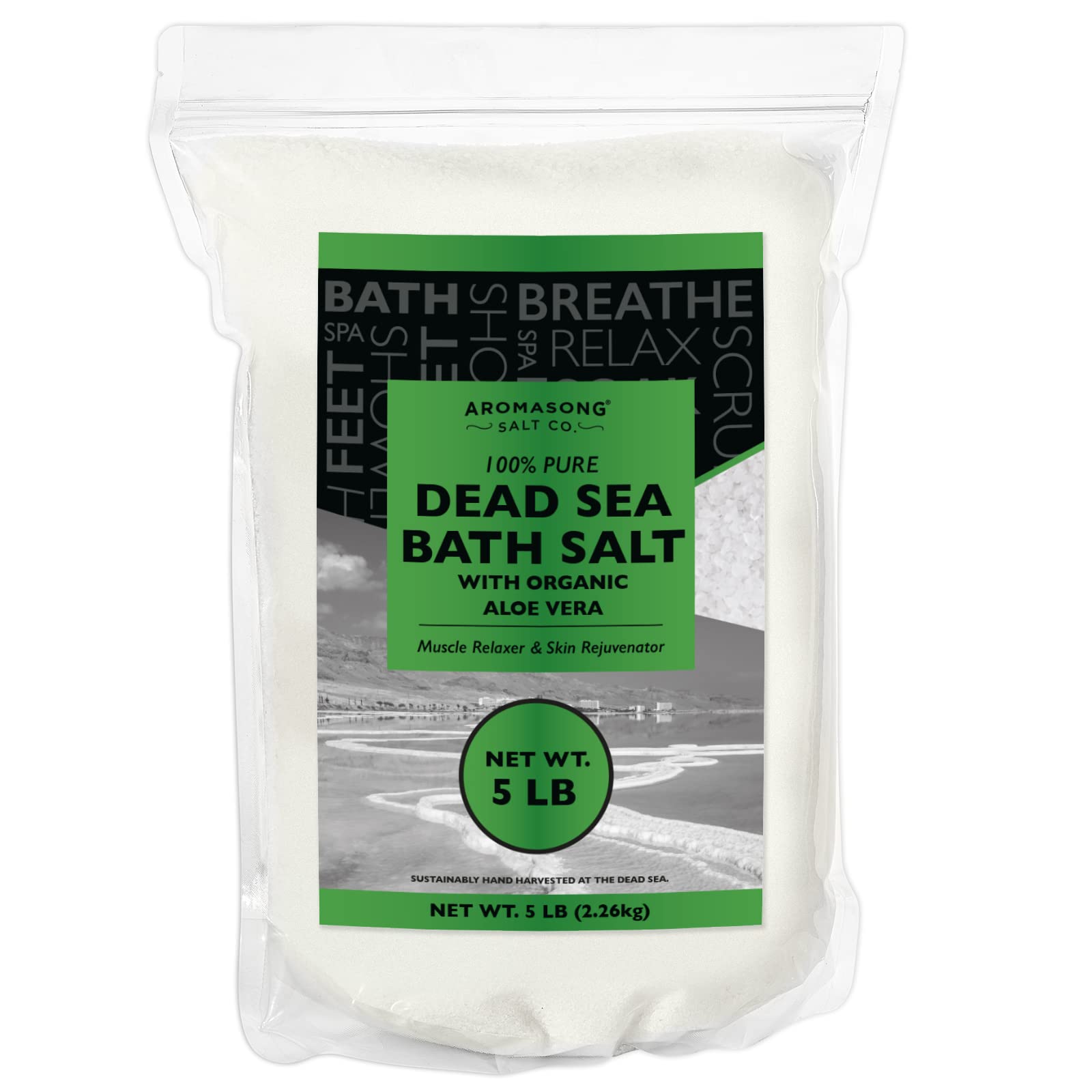 **Pure Dead Sea Salt with Organic Aloe Vera – 5 Lbs Fine Grain Bulk Resealable Pack – 100% Natural Spa Bath Salts for Relaxation, Body Scrub & Muscle Relief – Perfect for Home Spa, Eczema & Dry Skin Care**    *(Use Case: Ideal for soothing tired muscles, hydrating dry skin, and creating a luxurious at-home spa experience for men and women.)*