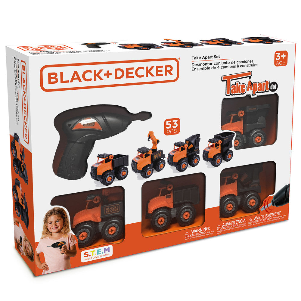Black and Decker 4-Piece Mini Construction Trucks Toy Set with Electric Drill - Fun Learning Construction Play for Kids Ages 3+ | Perfect for Pretend Play, Birthday Gifts & STEM Education