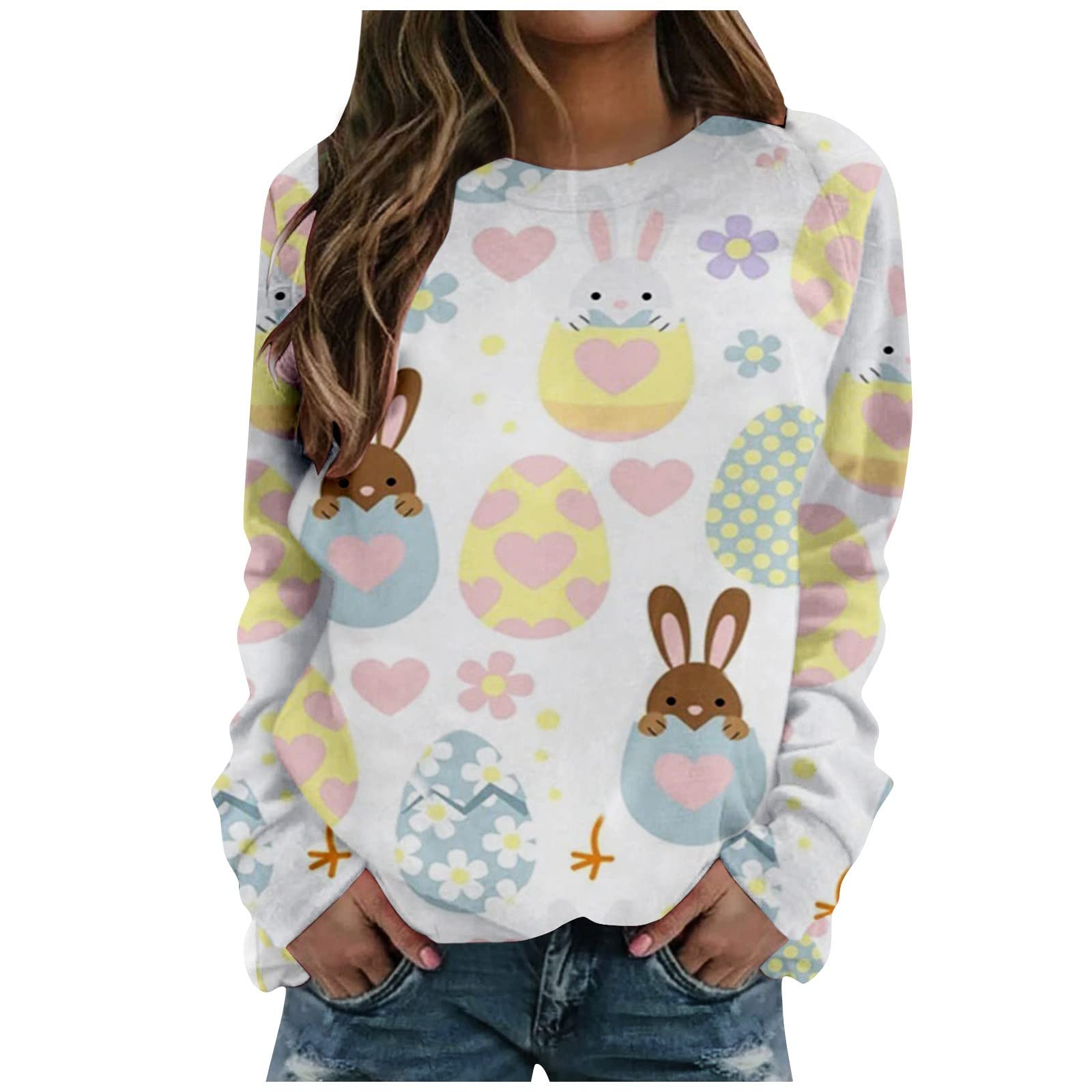 Easter Print Women's Casual Long Sleeve Pullover Sweatshirt - Comfortable Holiday Tops for Spring Outfits, Family Gatherings & Festive Celebrations