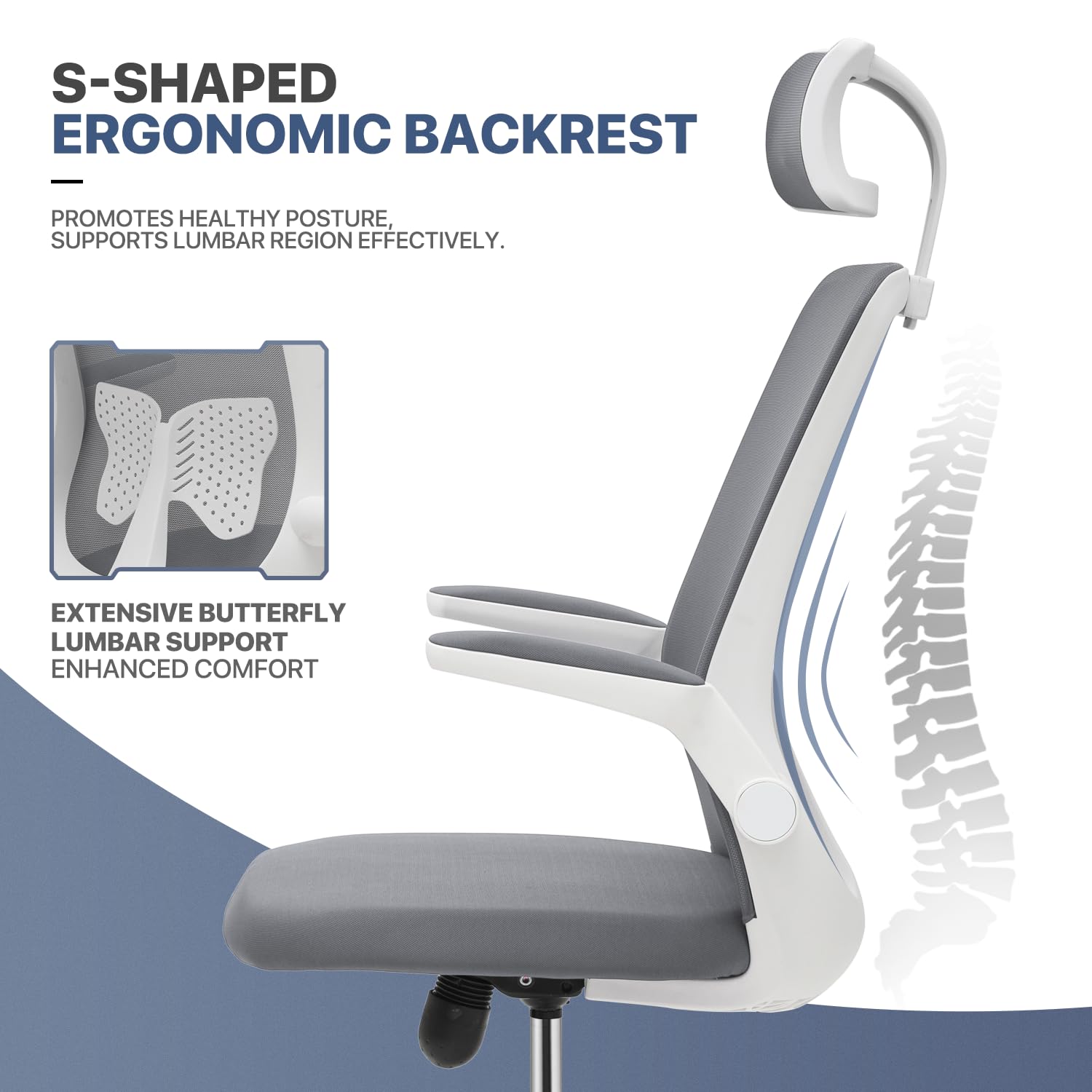 MoNiBloom Ergonomic Office Chair with Adjustable Lumbar Support, High Back Desk Chair with Headrest & Flip-Up Arms, 95°-125° Reclining Swivel Computer Chair for Home Office, 250 lbs Weight Capacity (2 Pack, Gray) - Perfect for Long Work Hours & Gaming Sessions