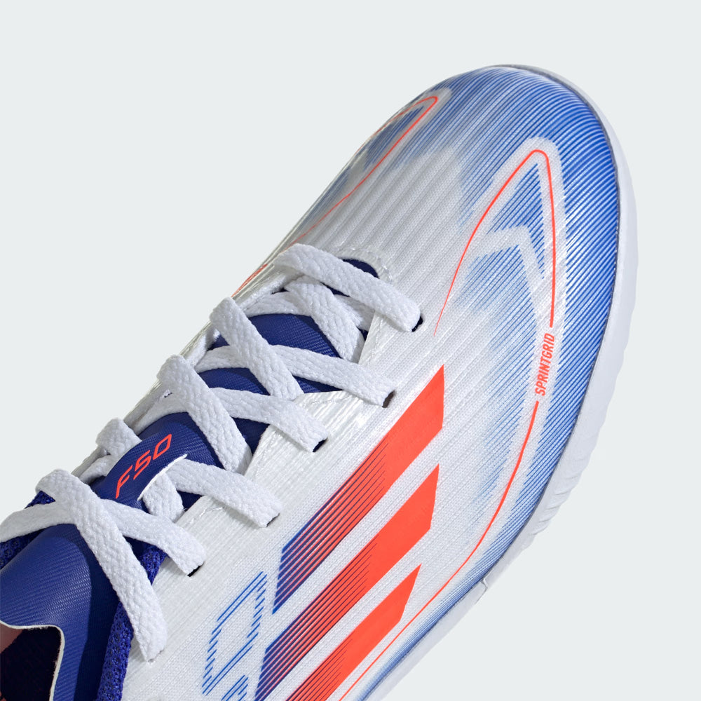 Adidas F50 League Indoor Junior Football Shoes for Kids - White/Solar Red/Lucid Blue - Perfect for Indoor Soccer Training & Games