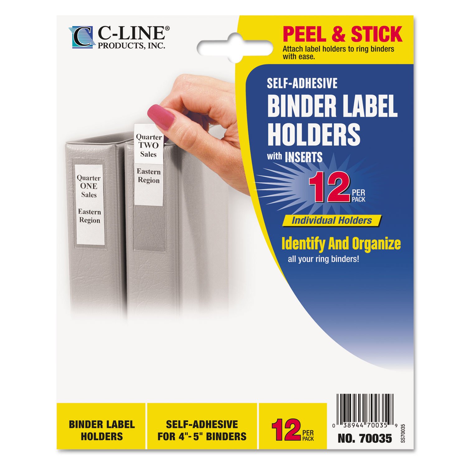 Self-Adhesive Ring Binder Label Holders - Top Load, 2 1/4 x 3 Inches, Clear Plastic, 12/Pack - Perfect for Organizing Binders, Files & Office Supplies - Ideal for School, Office & Home Organization