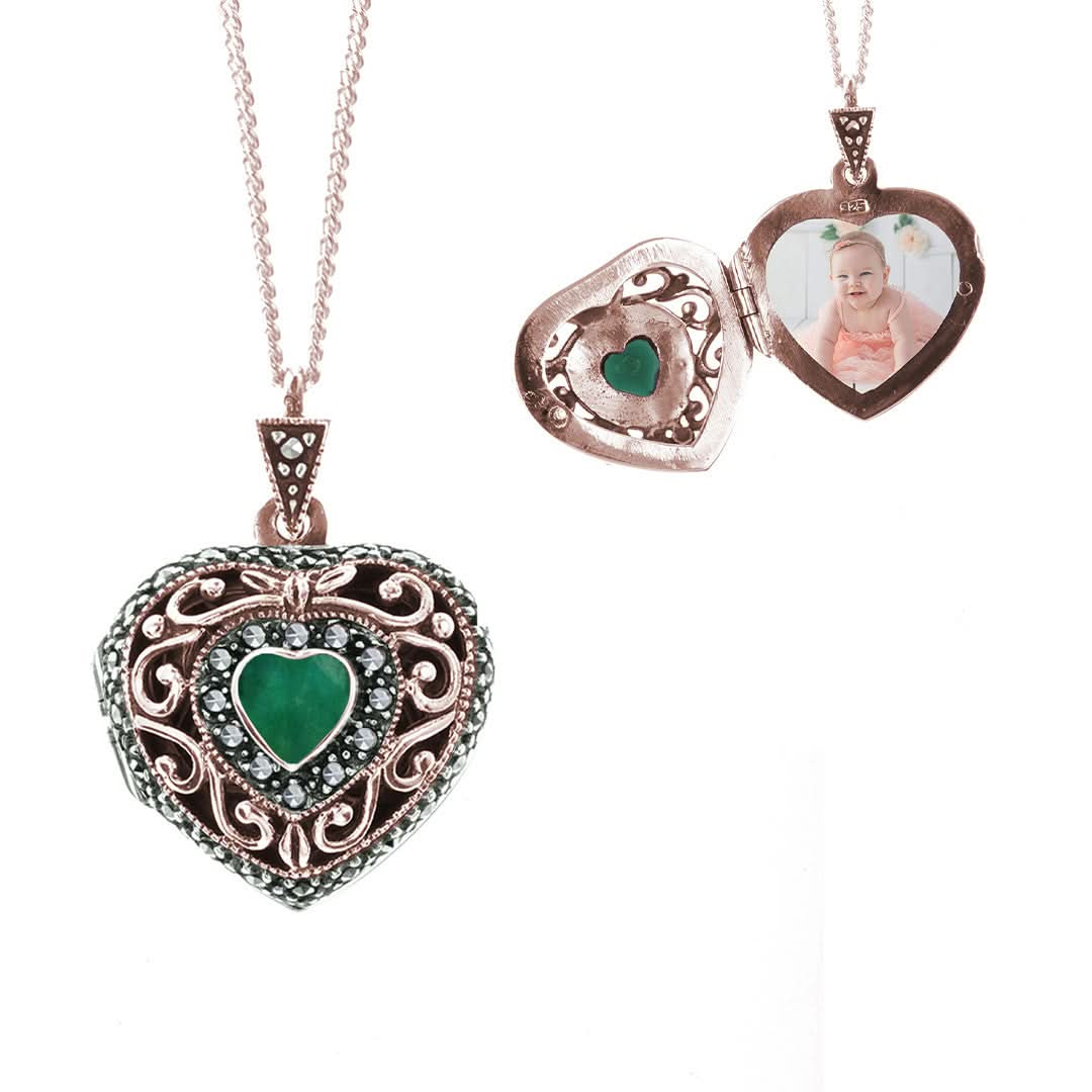 Vintage Emerald Heart Locket Necklace in Rose Gold - Elegant Jewelry Gift for Women, Perfect for Valentine's Day, Anniversary & Special Occasions