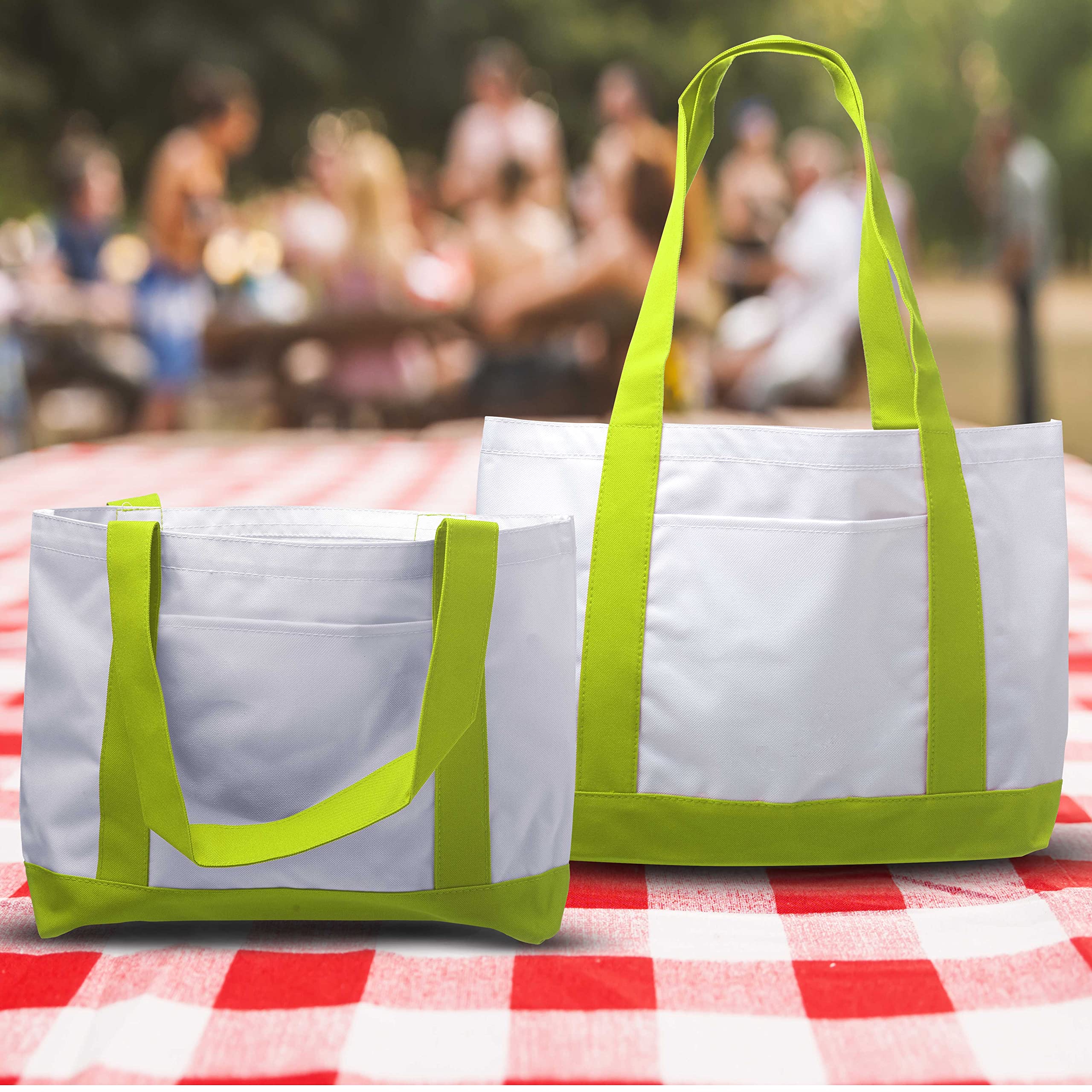 10 Pack Canvas Shoulder Tote Bags with Reinforced Straps & Front Pocket - Durable Polyester Fashion Tote Bags in Green - Perfect for Shopping, Beach, Work & Travel