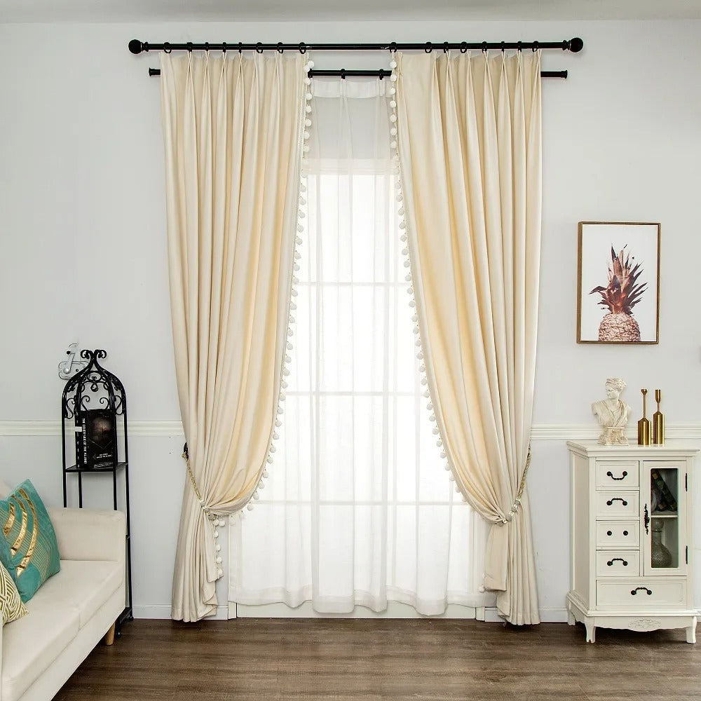 Luxury European Pompom Lace Velvet Curtains - Ivory White, Elegant Window Treatments for Living Room & Bedroom Decor