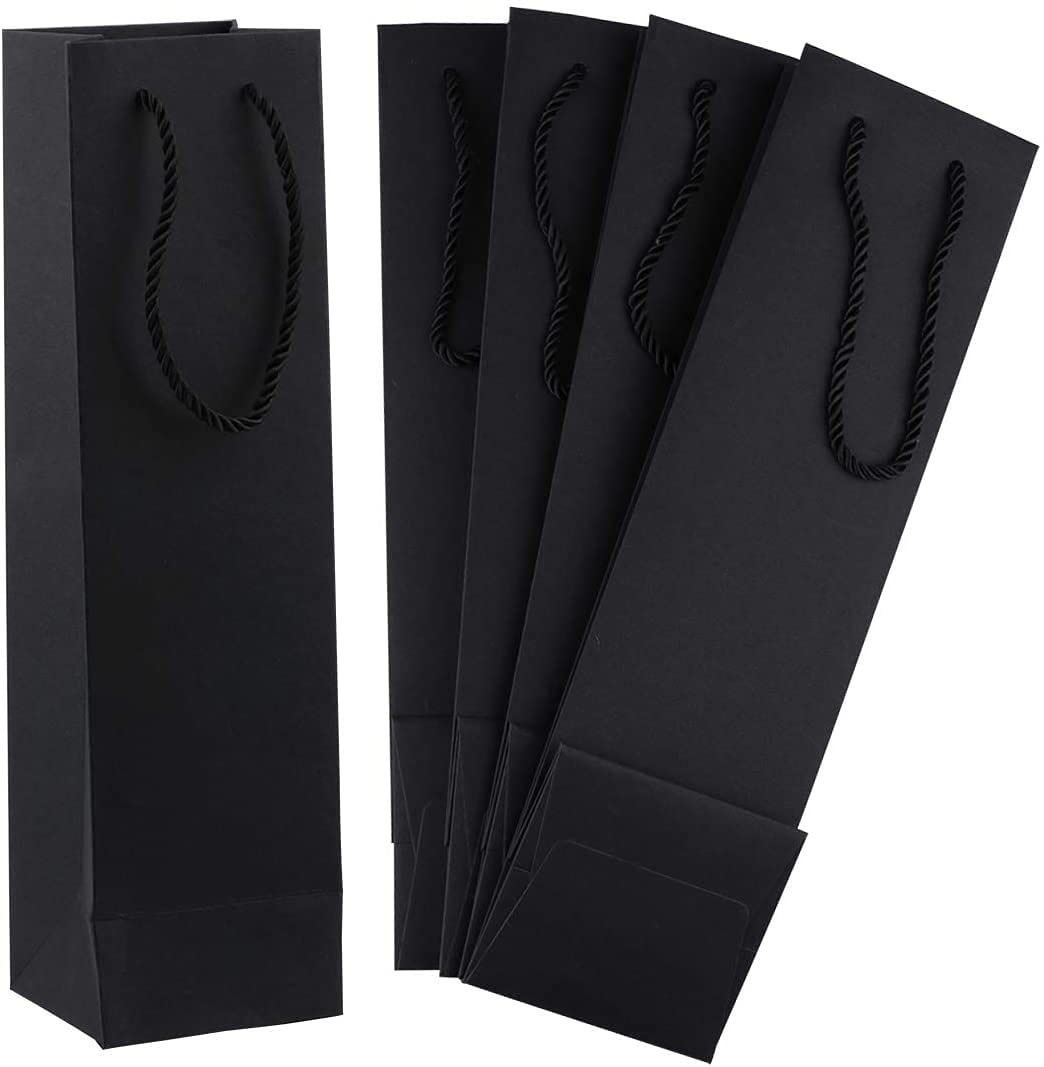 20 Pack Black Wine Bottle Bags with Handles - 3.7 x 3.5 x 13.8 Inches Kraft Paper Gift Bags for Parties, Weddings & Corporate Events - Elegant Wine Bottle Packaging by Sdootjewelry