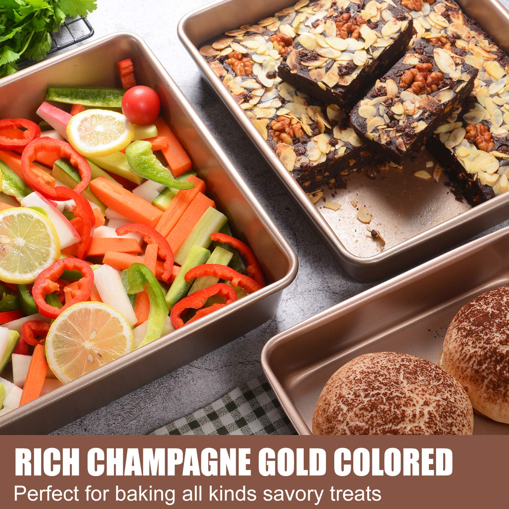 Nonstick Deep Baking Pan Set - 3 Piece Rectangular Cake Bakeware for Oven, Gold (Perfect for Cakes, Brownies & Sheet Pan Meals)