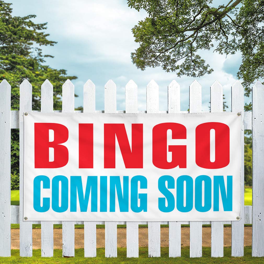 Custom Vinyl Banner - 48x96 Inches, Weatherproof & Durable for Outdoor Use - Red & Blue Bingo Coming Soon Sign with 8 Grommets - Perfect for Business Events, Yard Sales & Industrial Signage