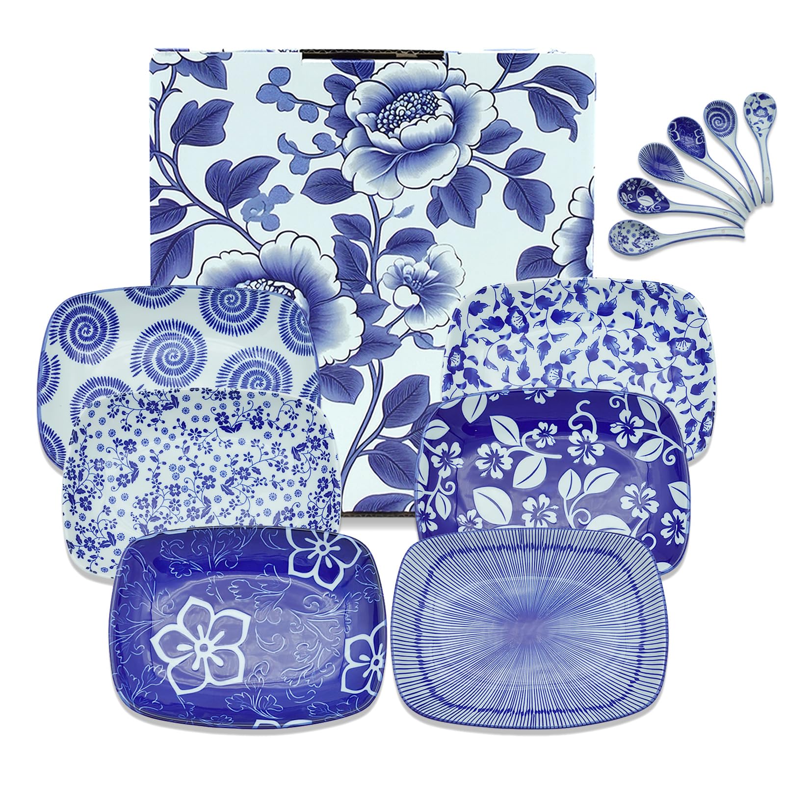 6-Piece Rectangular Ceramic Dinner Plate Set with 6 Spoons - 8 Inch Microwave & Dishwasher Safe Plates for Pasta, Salad, Steak - Blue and White Design - Perfect for Family Dinners, Parties & Restaurant-Style Serving