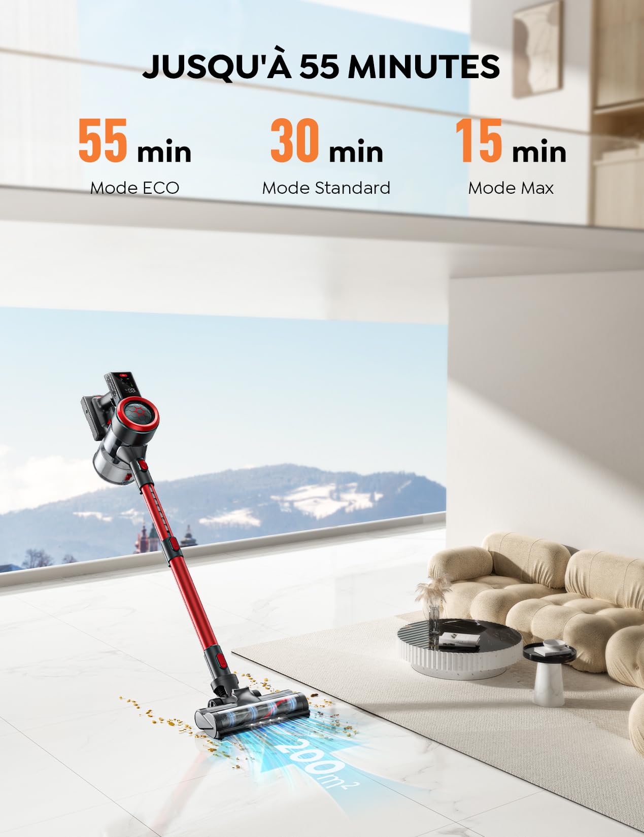 Powerful 450W/38KPA Cordless Stick Vacuum Cleaner with Smart Touch Display - 55 Min Runtime, 1.5L Dust Cup, Lightweight & Anti-Tangle - Ideal for Hardwood Floors, Carpets, Pet Hair Cleaning (Home, Office, Car Use)