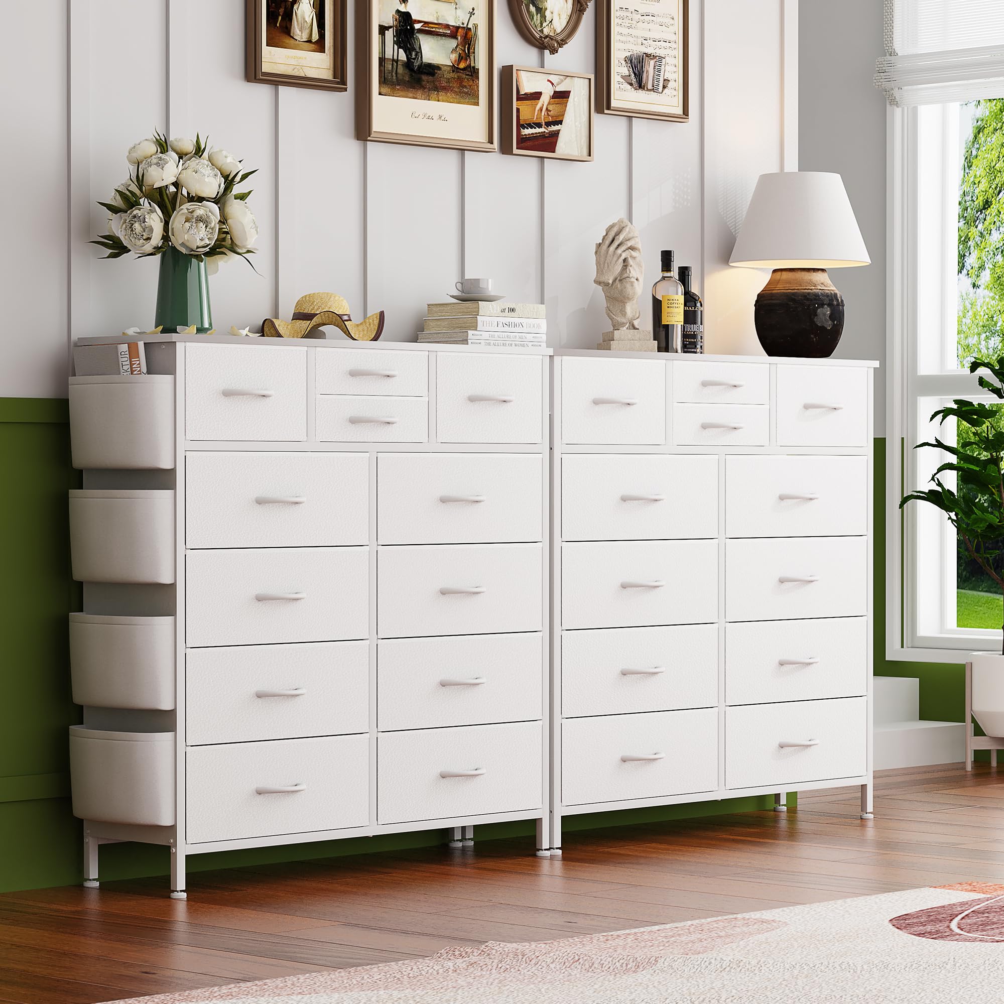 Lulive 12-Drawer Tall Dresser for Bedroom - Fabric Storage Tower with Side Pockets & Hooks - White Chest of Drawers for Closet Organization, Hallway Storage & Living Room Decor