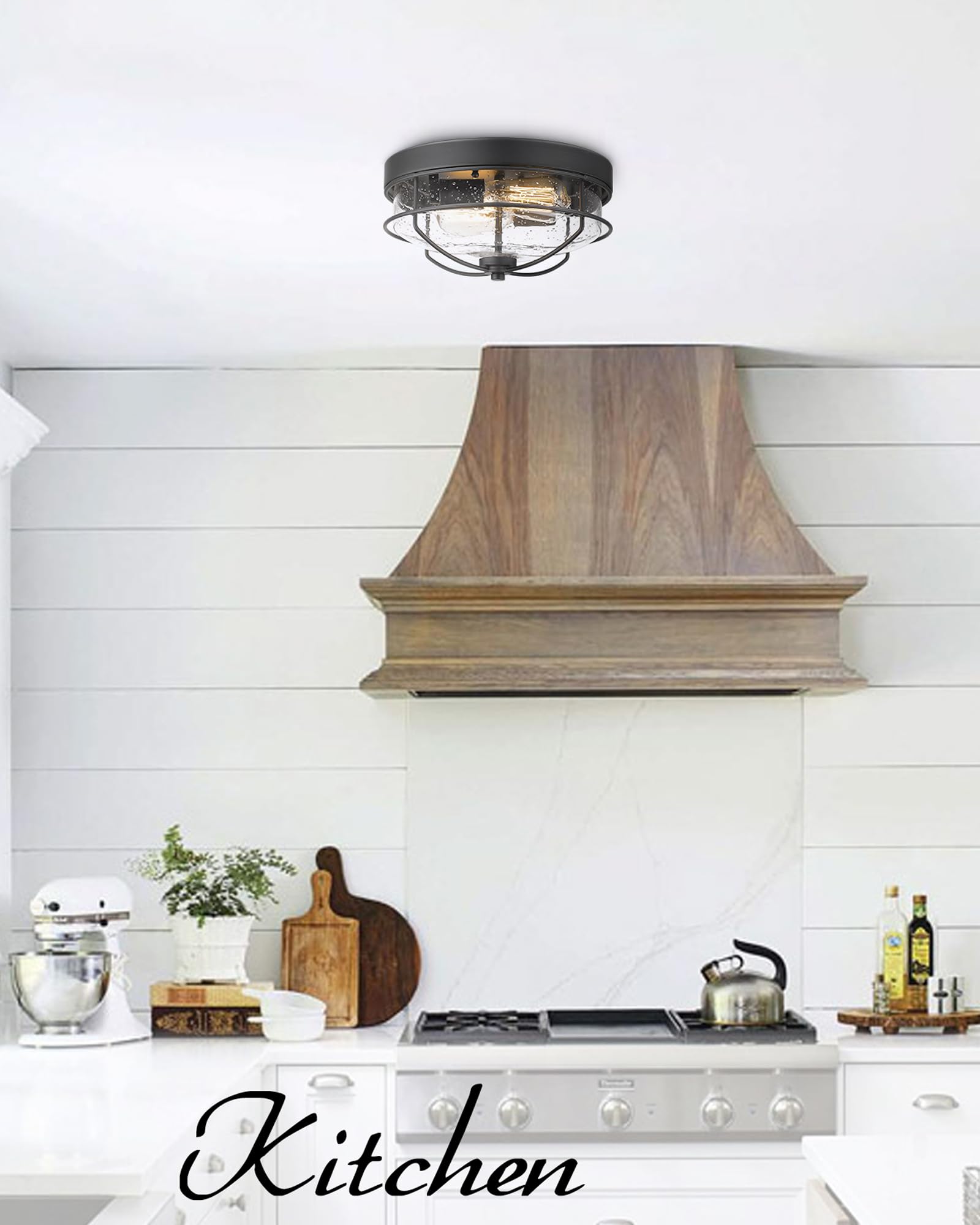 HWH INVESTMENT 12 Inch 2-Light Flush Mount Ceiling Light Fixture with Seeded Glass Shade - Farmhouse Style Close to Ceiling Lighting in Sand Black Finish (Model 5HTJ7-F BK) - Perfect for Kitchen, Bedroom, Hallway and Dining Room Lighting