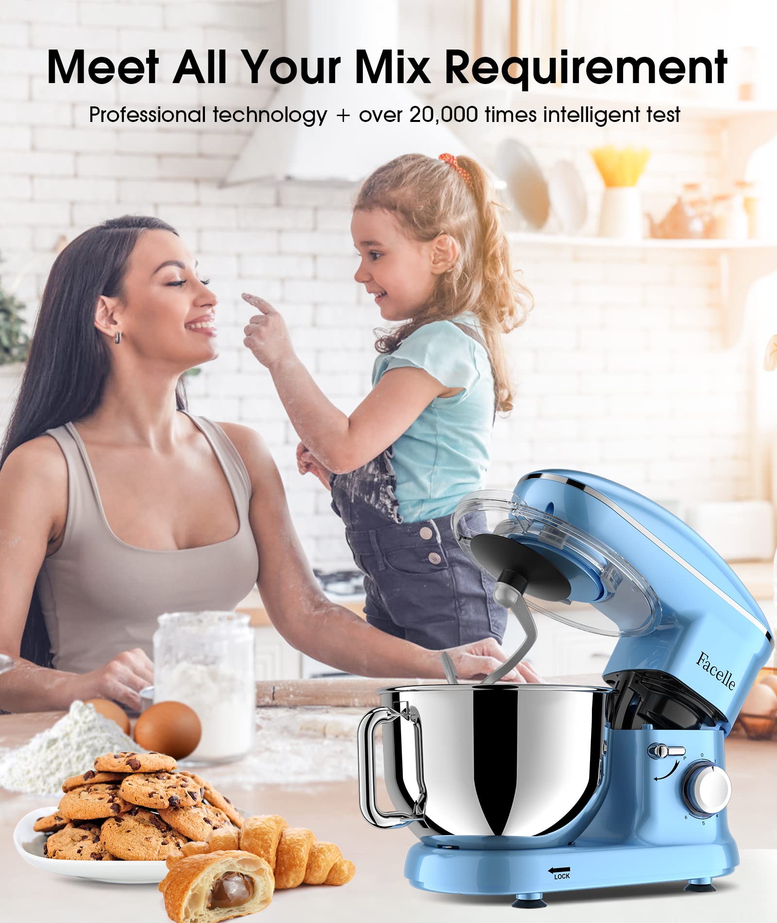 Facelle 660W 6-Speed Stand Mixer - Tilt-Head Electric Kitchen Mixer with Pulse Function, Includes 6.5QT Bowl, Dough Hook, Whisk & Dishwasher-Safe Beater - Perfect for Baking Cakes, Cookies, Bread & Pastries - Blue