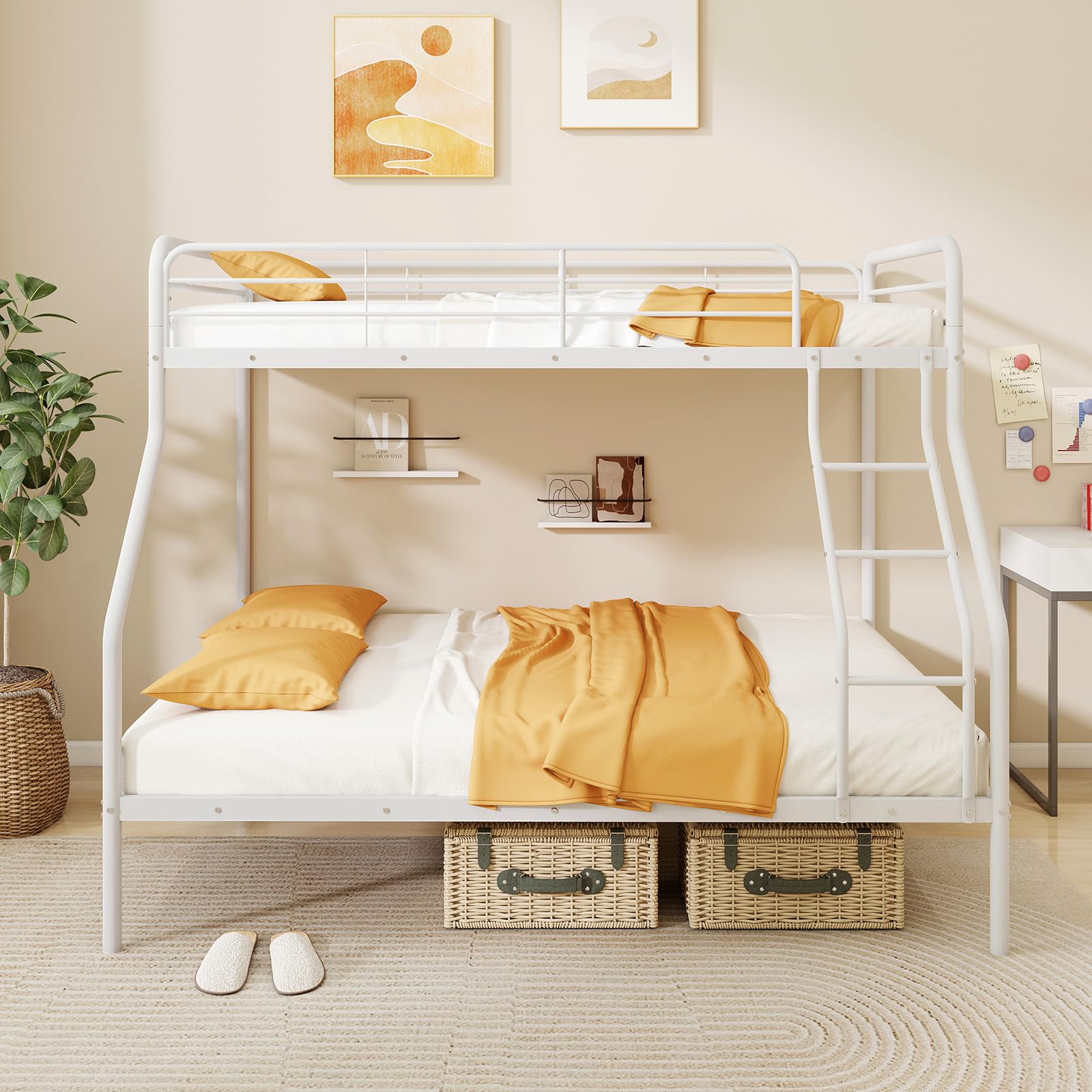 Giantex Heavy Duty Metal Bunk Bed Twin Over Full Size - Sturdy Bunk Bed for Teens & Adults with Ladder & Safety Guardrails - Space Saving Bunk Bed for Dorm, Bedroom, Apartment - No Box Spring Needed (White) - Perfect for Small Spaces & Shared Rooms