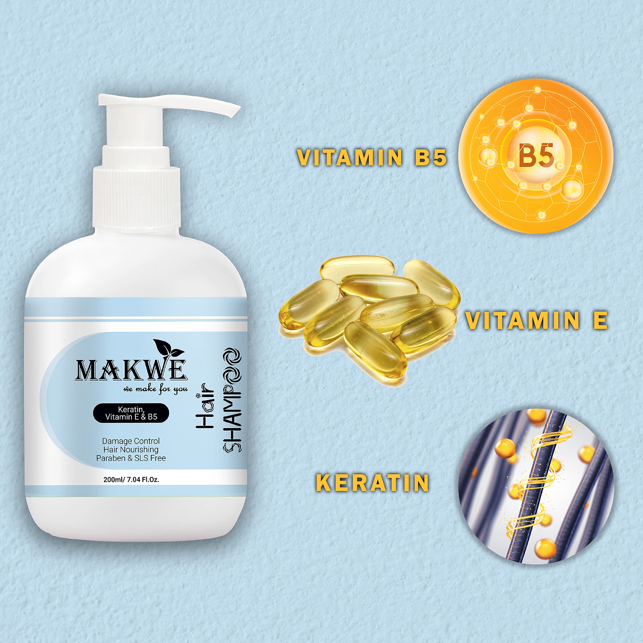 MAKWE Skin Science Vitamin E & B5 Shampoo with Argan Oil Hair Serum - Ultimate Hair Care 2 Piece Set for Dry, Damaged Hair | Deep Hydration & Repair for Shiny, Healthy Locks | Perfect for Daily Use & Salon-Quality Results at Home