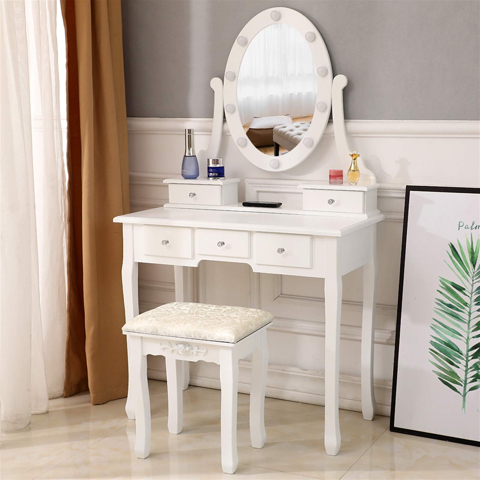 BELANITAS White Vanity Table Set with Lighted Mirror, 5 Drawers & Cushioned Stool - Makeup Dressing Desk for Women & Girls - Perfect for Bedroom, Studio, Dorm Room & Beauty Salon