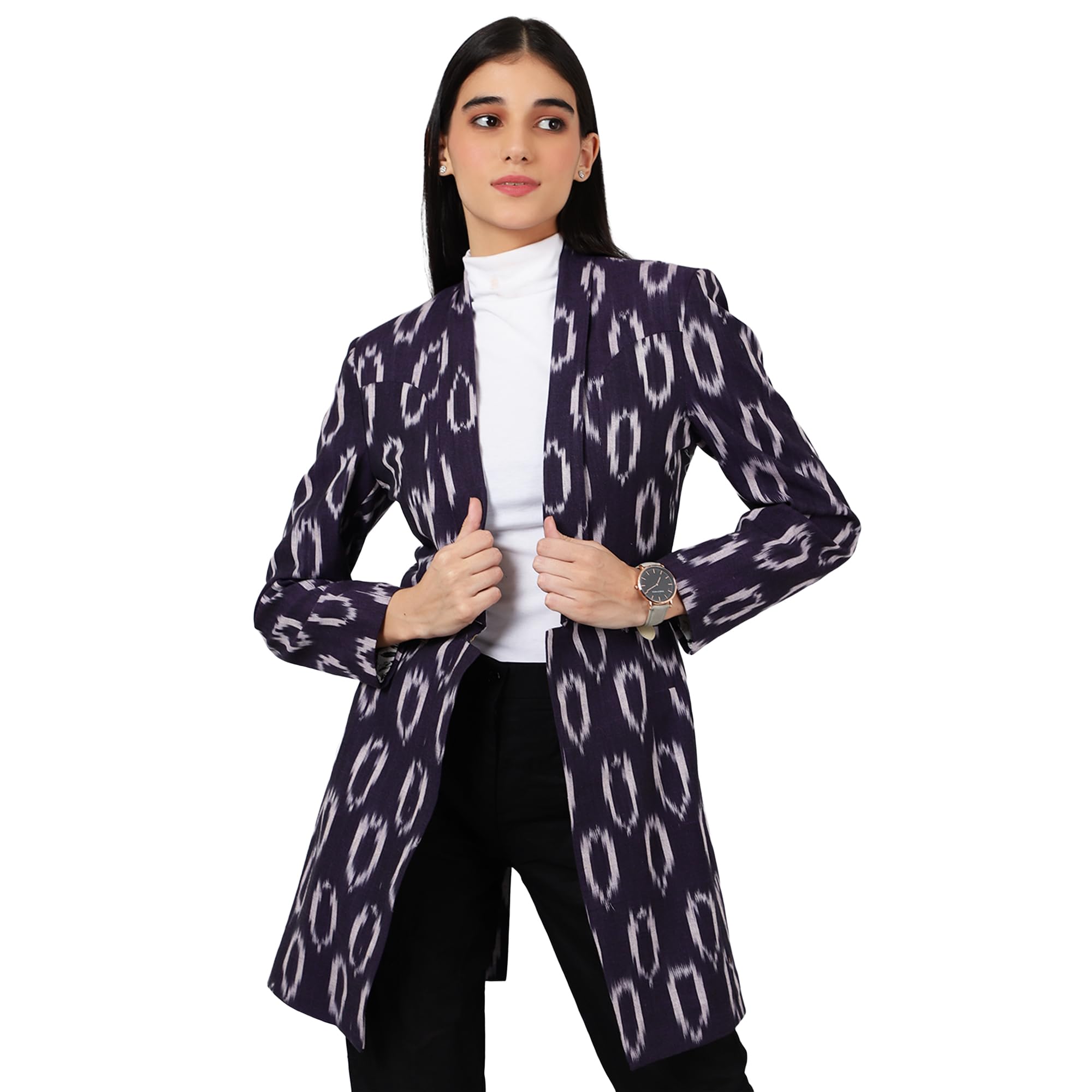 Women's Ikat Print Purple Cotton Blazer Jacket - Lightweight Office Wear & Spring Fashion for Business Casual Outfits