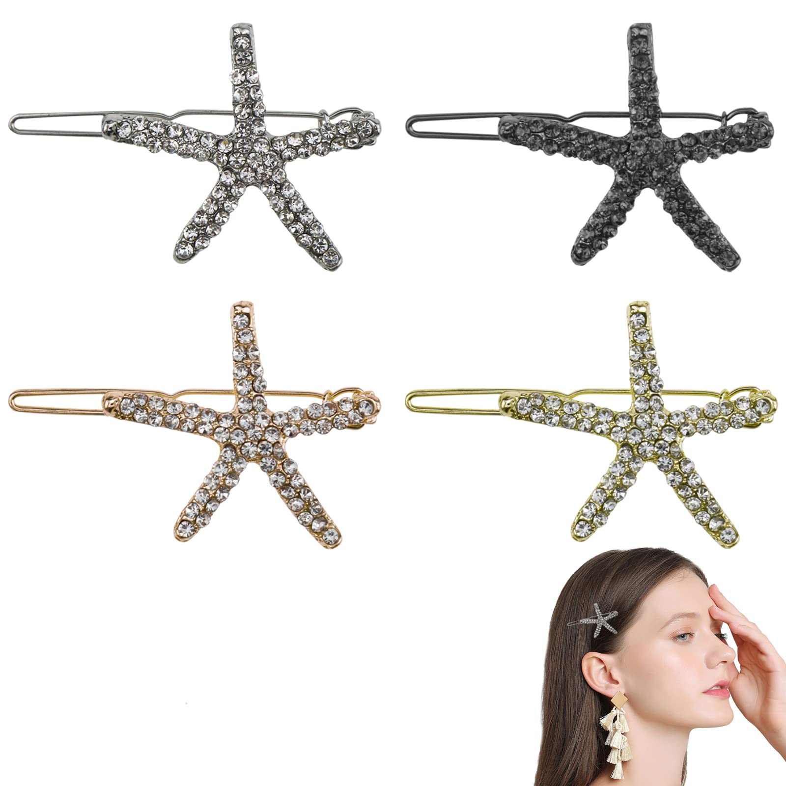 4 Pack Gold Starfish Hair Clips - Rhinestone Crystal Hair Claw Clips for Women, Ponytail Holders for Beach Vacation, Summer Party & Everyday Use