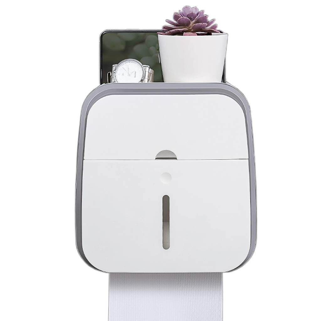 Waterproof Wall Mounted Toilet Paper Holder with Storage Tray - Gray Bathroom Tissue Roll Organizer for Home, RV & Office Use