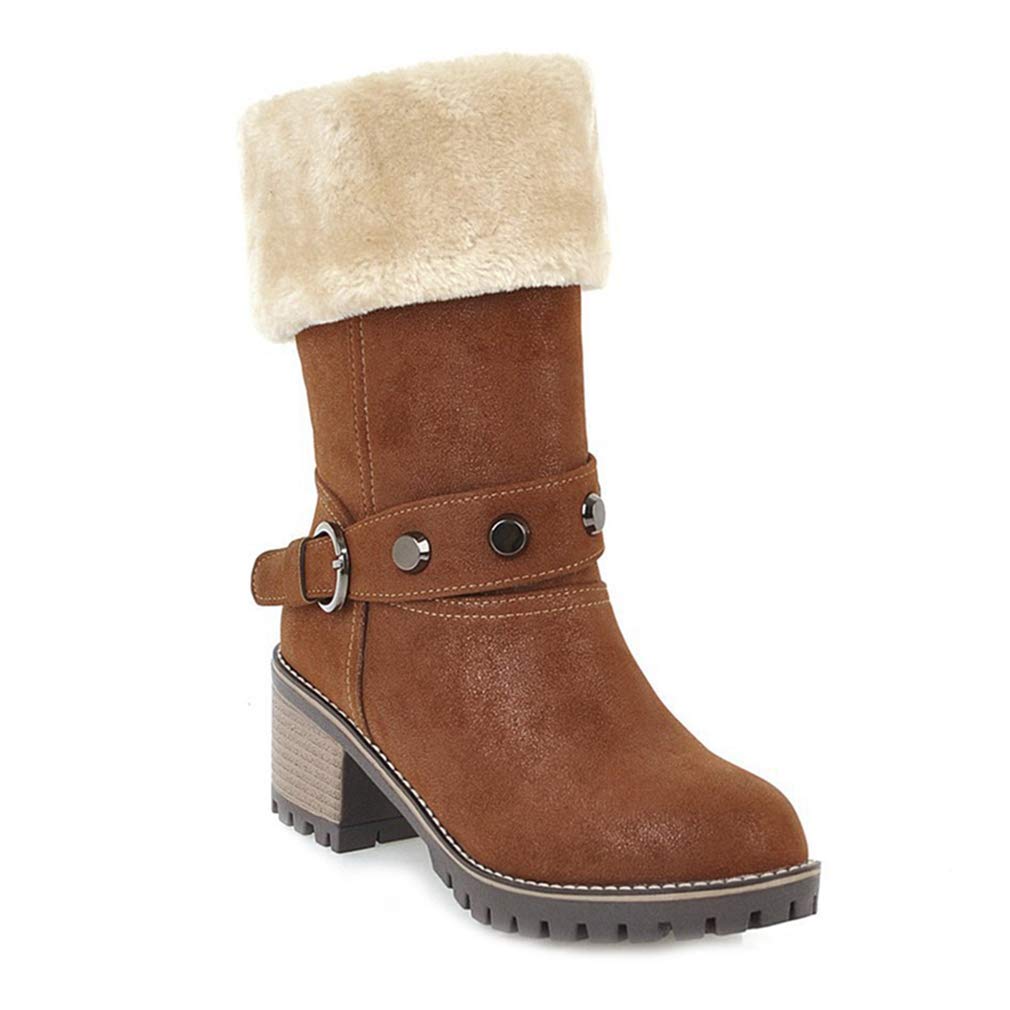MONSHOW Women's Chunky Heel Mid Calf Boots - Winter Snow Boots with Buckle Detail & Faux Fur Lining | Warm Ankle Booties for Cold Weather, Fashionable Platform Boots for Daily Wear & Outdoor Activities