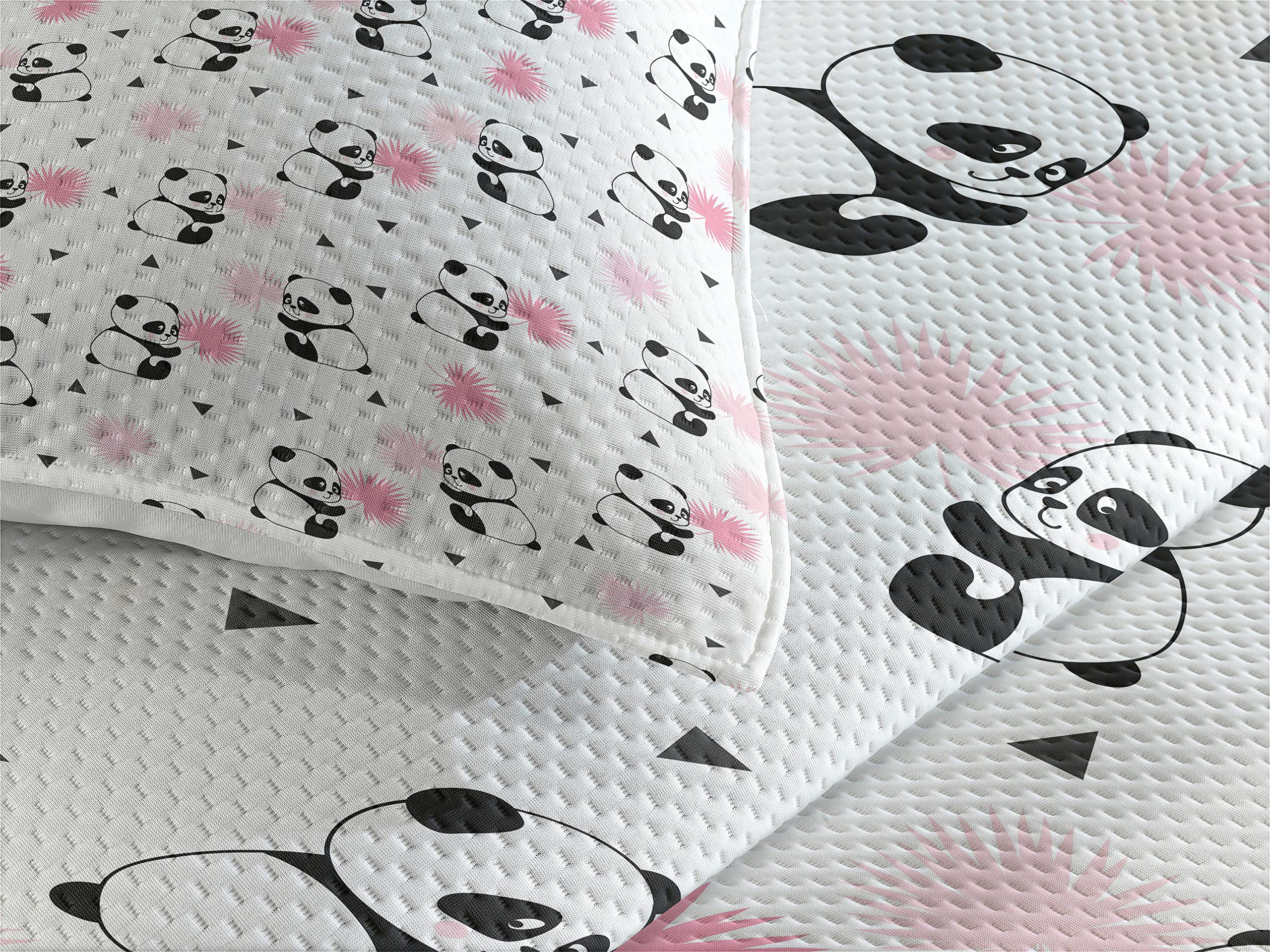 Lunarable Panda Quilt Set - 3 Piece King Size Bedspread with 2 Pillow Shams, Pink & Black Chinese Cartoon Style Bear Design with Foliage Leaves - Soft Decorative Bedding for Kids Room & Nursery Decor