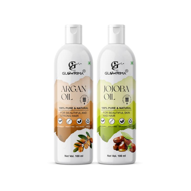 Glowrima 100% Pure Argan Oil & Jojoba Oil Combo Set (100ML Each) - For Hair Growth, Anti Hair Fall, Split Ends Treatment - Promotes Soft, Shiny Hair - Perfect for Daily Hair Care & Scalp Massage (Pack of 2)