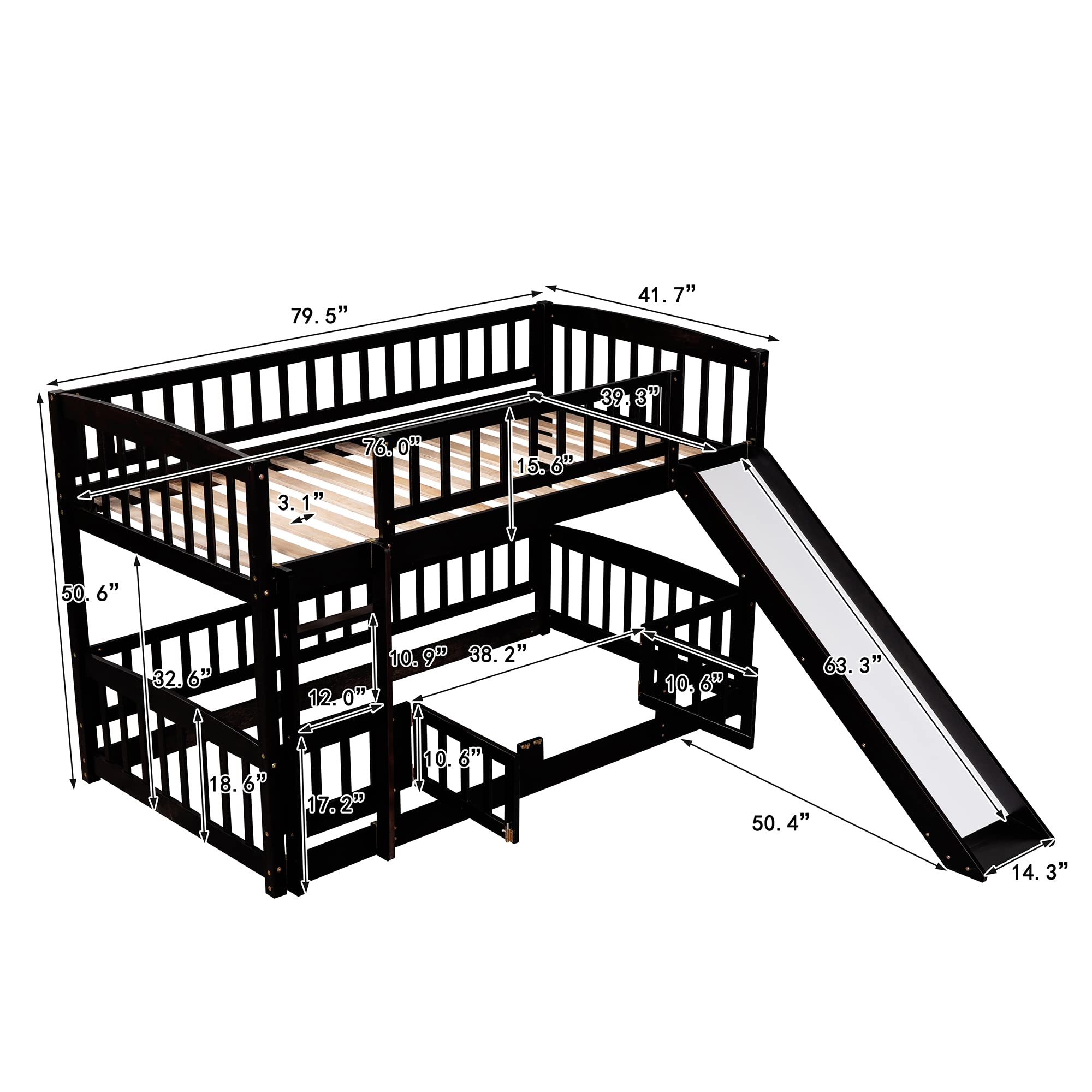 Harper & Bright Designs Twin Over Twin Low Bunk Bed with Slide, Safety Fence & Ladder - Space-Saving Kids Bunk Bed for Boys & Girls (Espresso Finish) - Perfect for Small Bedrooms, Playrooms & Shared Kids' Rooms