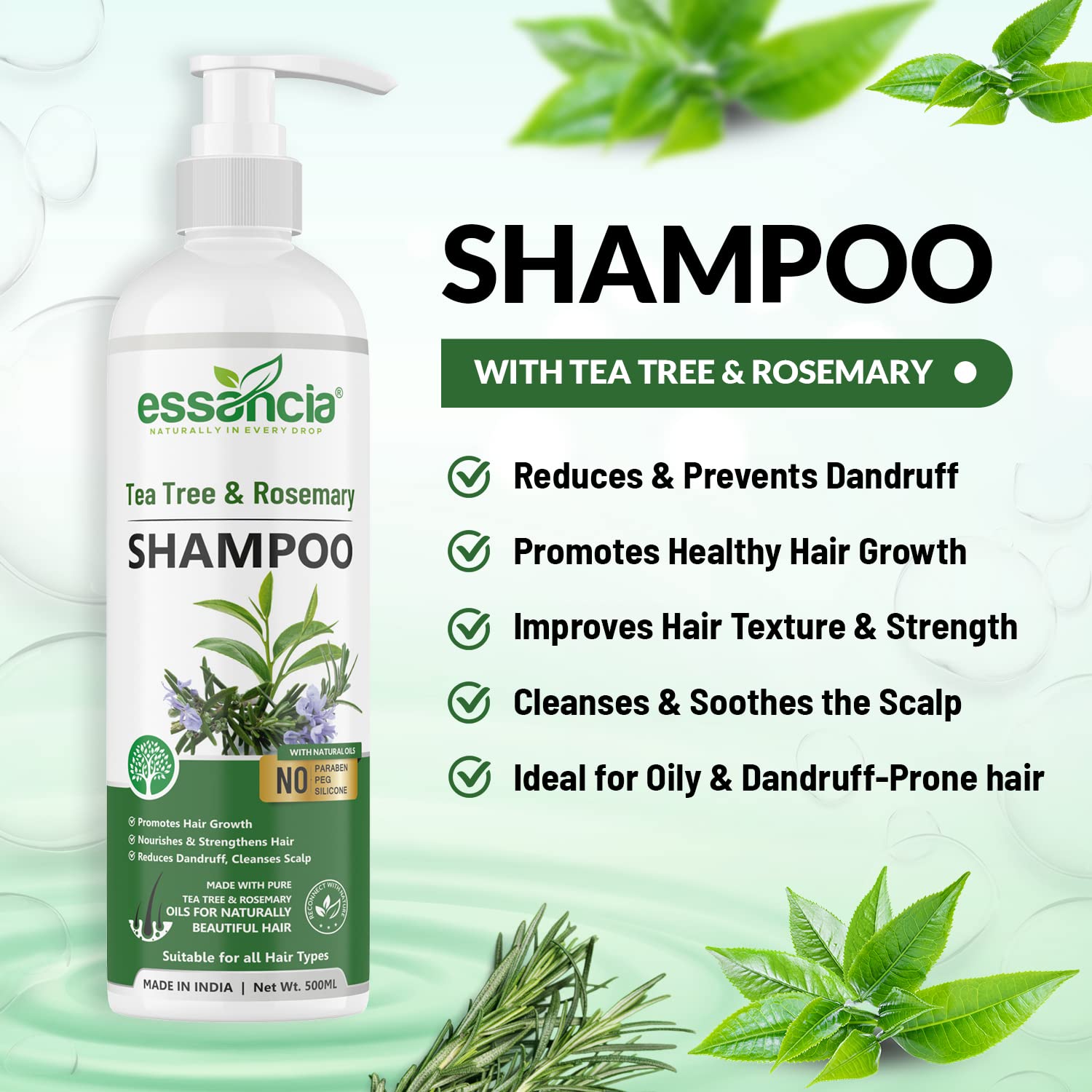 Essencia Tea Tree & Rosemary Oil Shampoo for Dandruff Control & Hair Growth - Sulfate Free, Paraben Free, Silicone Free Formula (500ml) | Gentle Daily Use for Men & Women | Perfect for Scalp Care & Thicker Hair