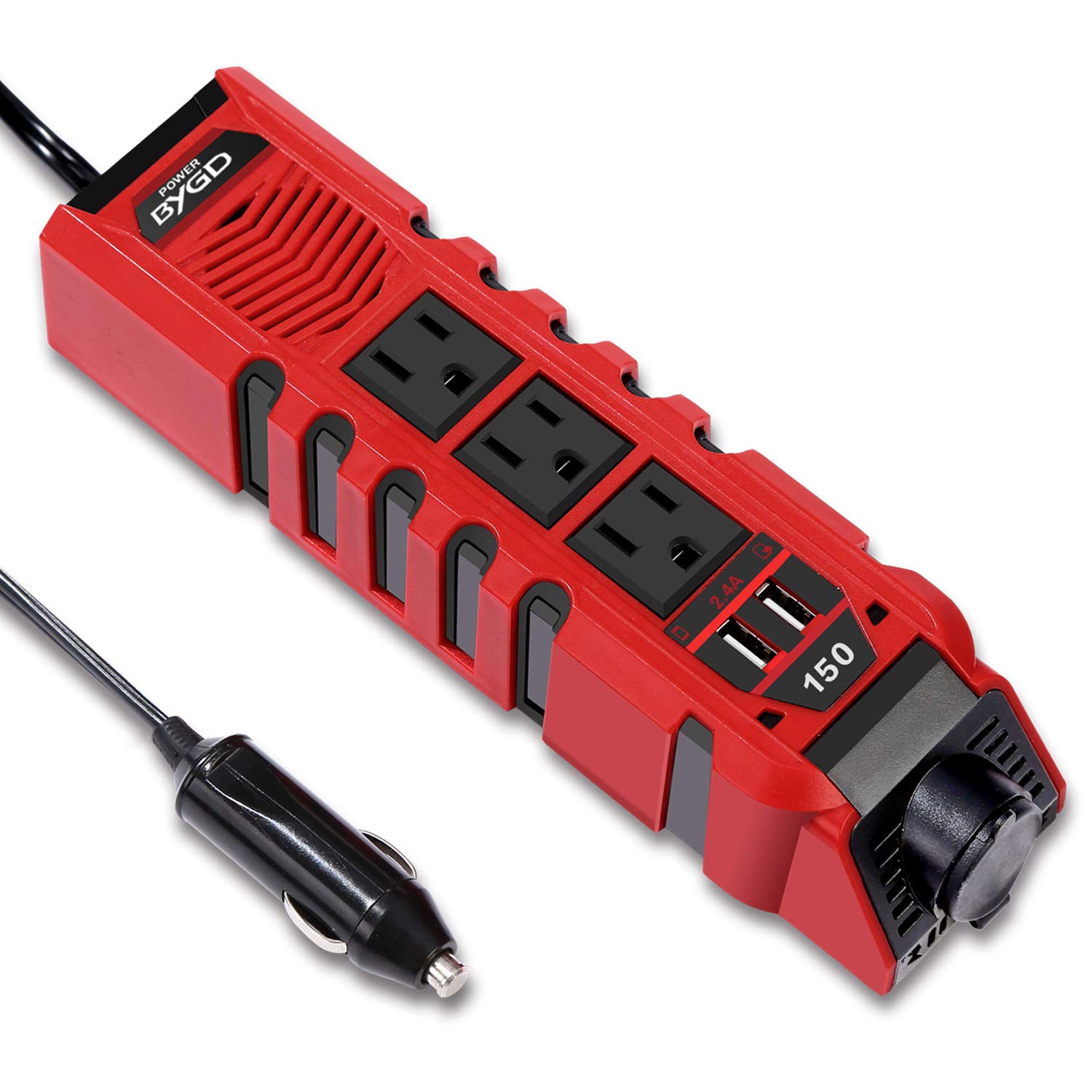 150W Car Power Inverter DC 12V to 110V AC Converter with 3 AC Outlets & 2 USB Ports (2.4A) - Cigarette Lighter Adapter for Road Trips, Camping & Charging Laptops/Devices On The Go