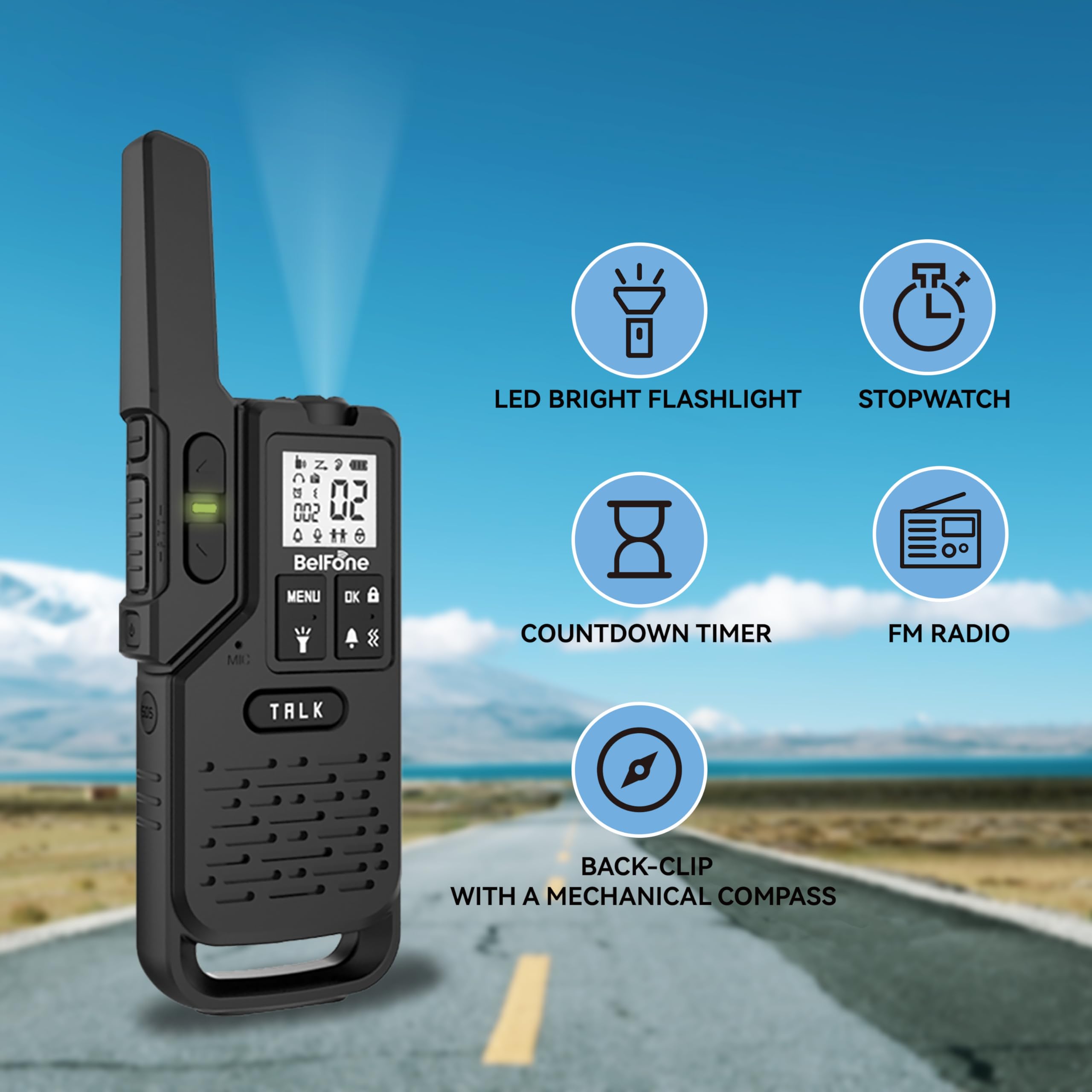 Professional Long Range Walkie Talkies 2 Pack - 20 Channel Two Way Radios with IP54 Waterproof, Flashlight, Stopwatch, Compass & SOS Siren | VOX Function Support | Ideal for Hiking, Camping, Construction & Emergency Communication