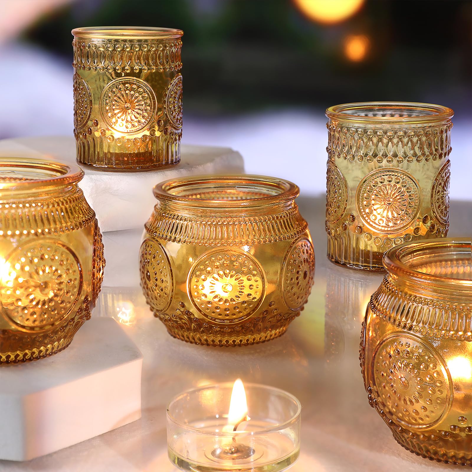 36 Pcs Amber Glass Candle Holders Bulk - Assorted Tea Light & Votive Holders for Fall, Thanksgiving, Christmas Decor | Party Table Centerpieces, Wedding, Home Decorations