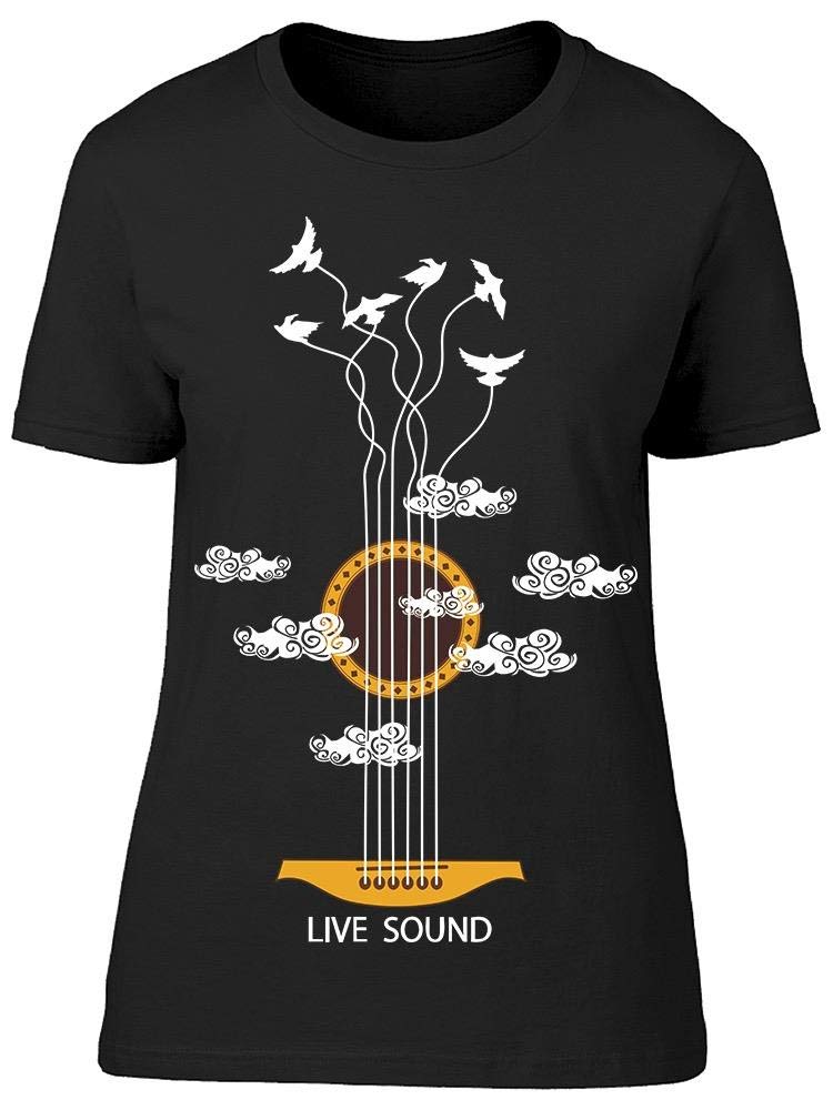 Women's Live Sound Guitar & Birds Graphic T-Shirt - Casual Music Lover Tee for Concerts & Outdoor Activities