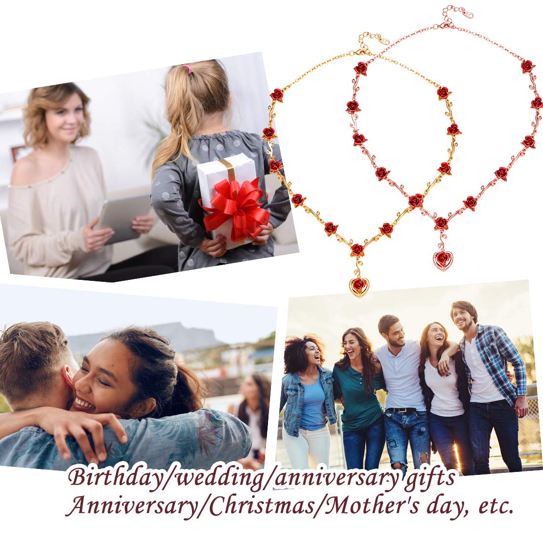3D Red Rose Necklace with Heart Pendant - Romantic Love Gift for Women - Gold/Rose Gold Plated Vintage Jewelry - Perfect for Valentine's Day, Anniversary & Special Occasions (Includes Gift Box)