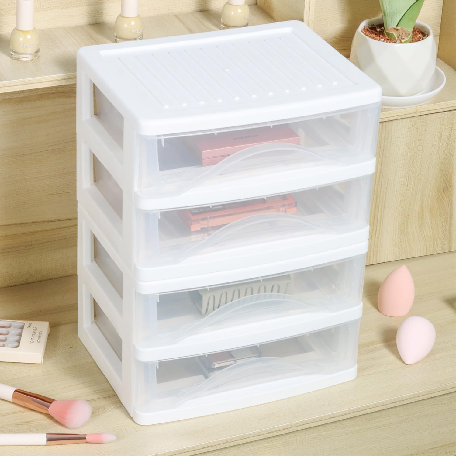 2-Pack White Plastic Desktop Organizer with 2 Drawers - Office Supplies & Makeup Storage Box for Desk Organization - Perfect for Office, School, Home & Dorm Room Use