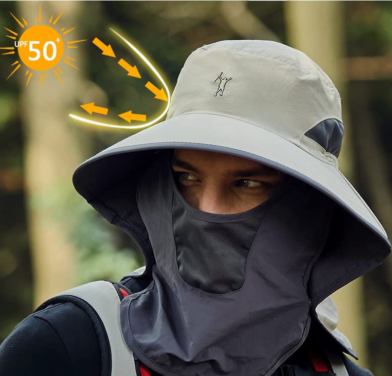 Men's UPF 50+ Sun Protection Fishing Hat - Wide Brim Summer Beach Hat with Face Cover & Neck Flap for Outdoor Activities - Khaki | Perfect for Fishing, Hiking, Travel & Water Sports