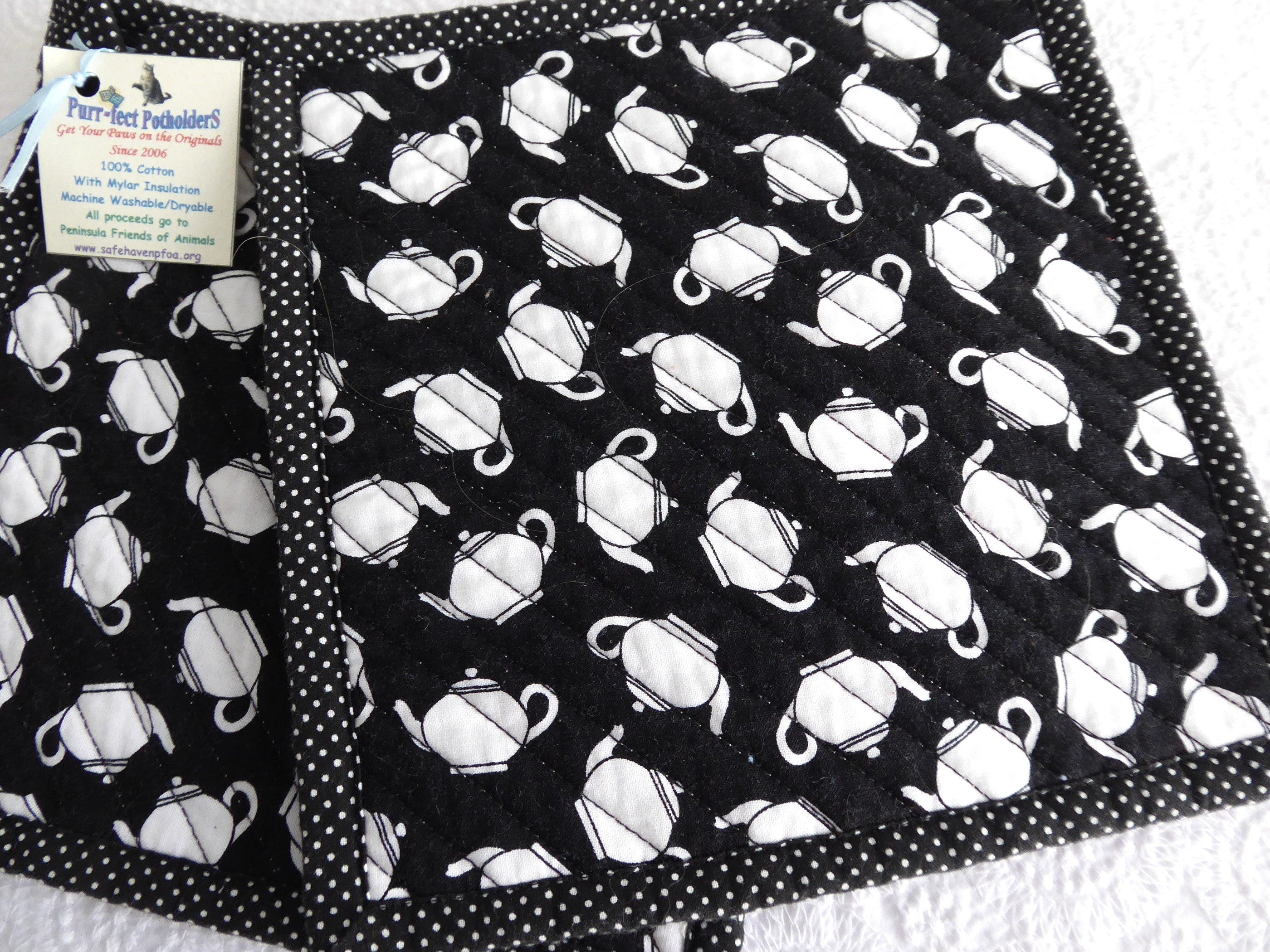 Handmade Black and White Teapot Potholders Set of 2 - Heat Resistant Kitchen Accessories for Tea Lovers - Perfect for Hot Pots, Baking, and Kitchen Decor (Supports Animal Charity)