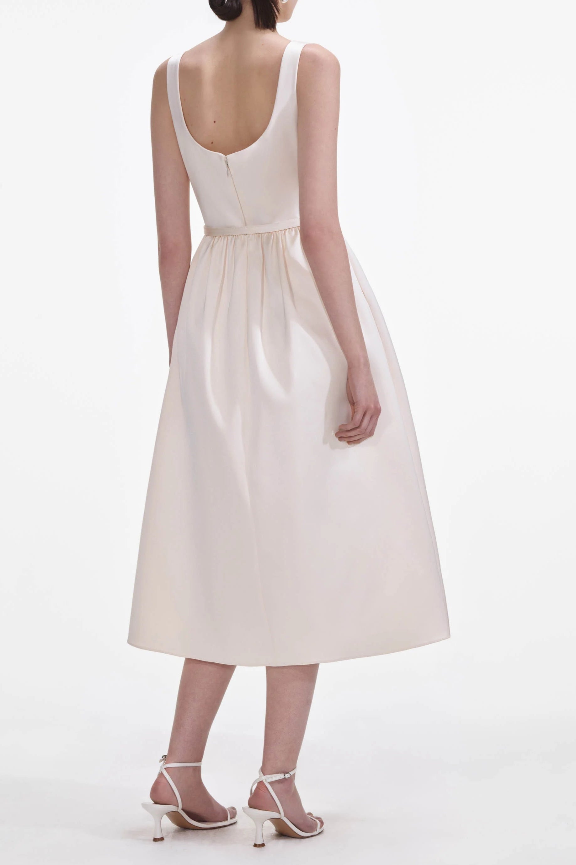 Elegant Cream Satin Floral Midi Dress for Women - Perfect for Weddings, Parties & Special Occasions