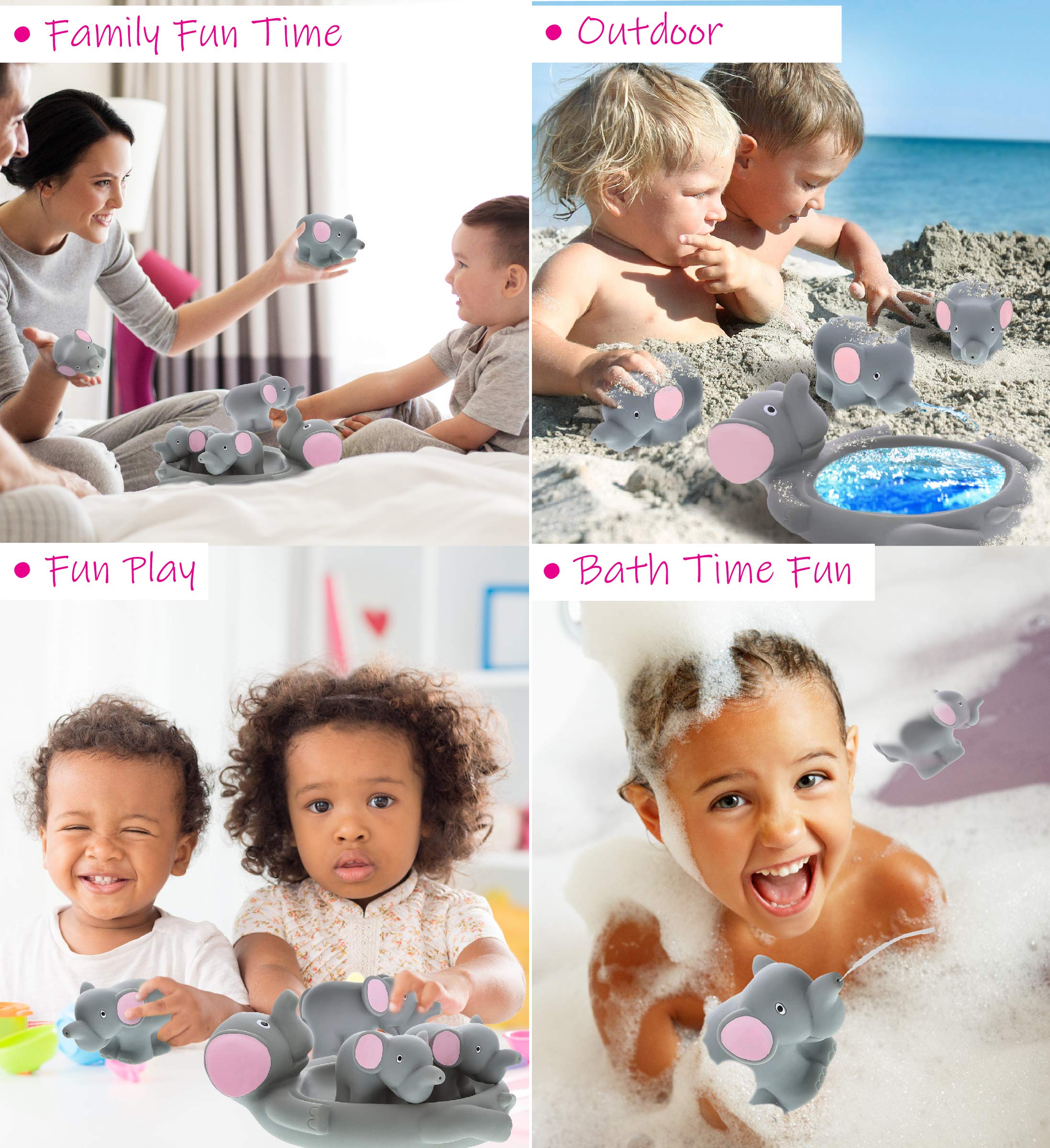 DolliBu Elephant Family Animal Bath Squirters - 4 Piece Rubber Bath Toy Set for Kids, Floating Water Squirt Toys for Bathtime & Pool Fun, Safe BPA-Free Bath Toys for Toddlers Boys & Girls (Gray Elephant) - Perfect for Sensory Play, Bath Time Learning & Outdoor Water Activities