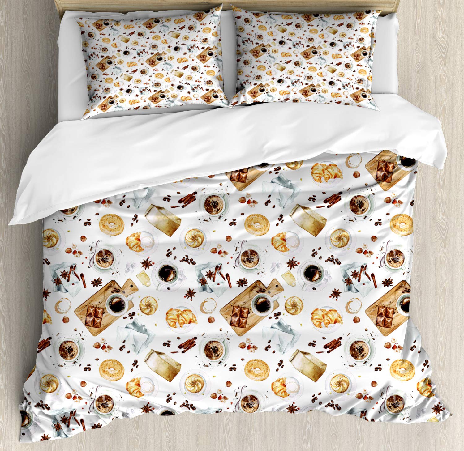 Ambesonne Modern Duvet Cover Set Queen Size 2-Pack - Watercolor Croissant Bagels Coffee Cheese Chocolate Art Design - Includes 2 Duvet Covers & 4 Pillowcases - Sand Brown & White - Perfect for Bedroom, Guest Room & Dorm Decor