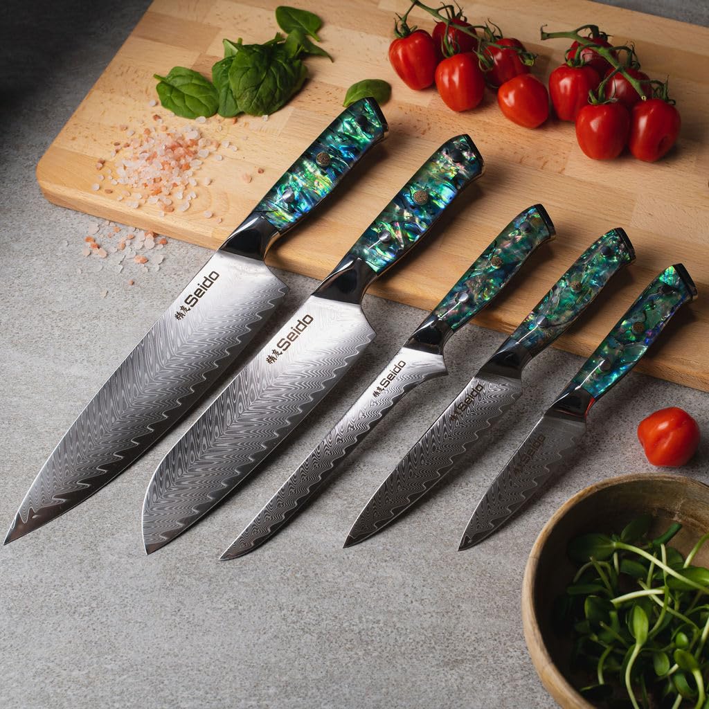 Premium Seido Awabi Damascus Chef Knife Set - Professional Japanese Stainless Steel Kitchen Knives with Abalone Shell Resin Handle, Ultra Sharp Full Tang Design for Slicing, Dicing & Chopping - Perfect for Home Chefs & Professional Kitchens