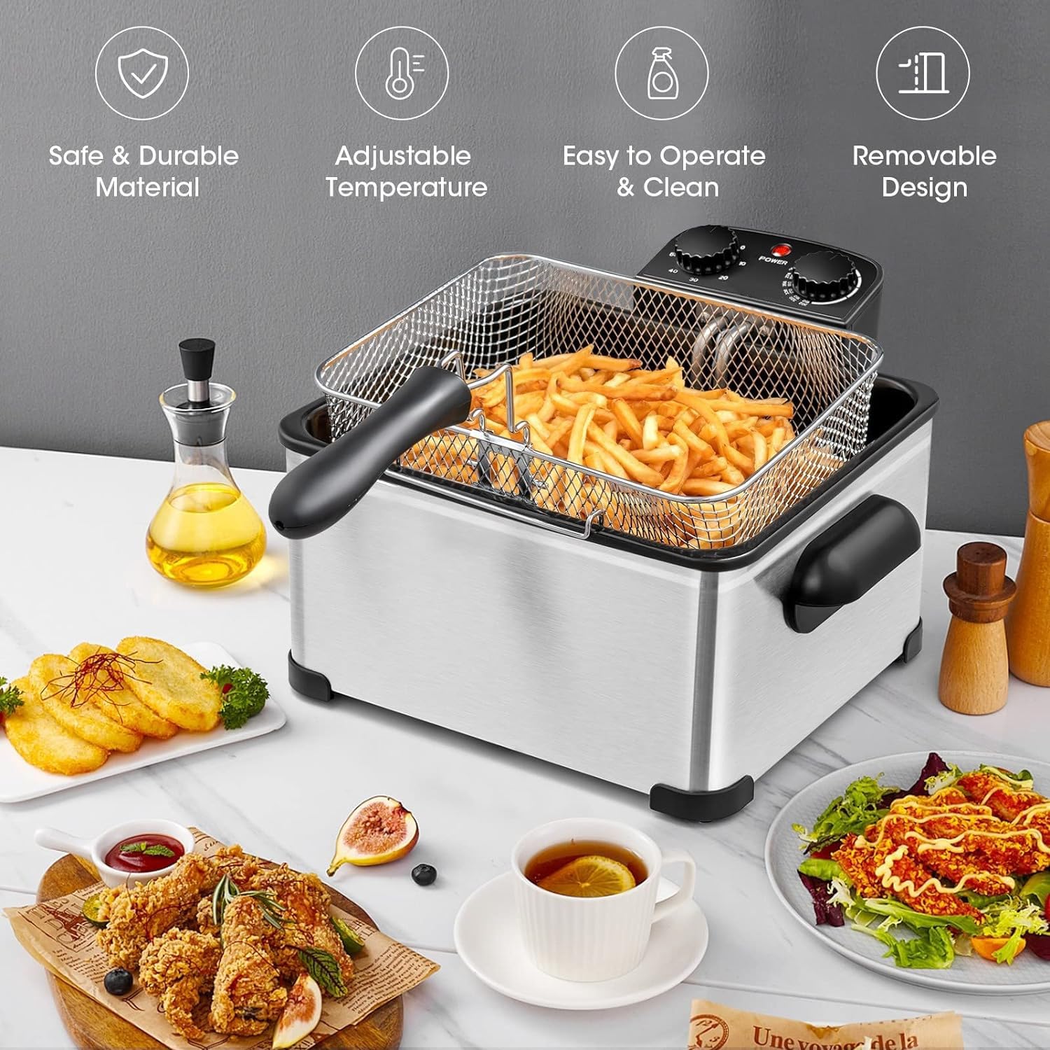 ARLIME 5.3 Qt/5L Electric Deep Fryer with 2 Baskets - Adjustable Temperature & Timer, Removable Oil Container & View Window Lid - Stainless Steel Home Kitchen Appliance for Frying Chicken, Fish, French Fries & Donuts - Perfect for Family Gatherings & Restaurant-Style Cooking
