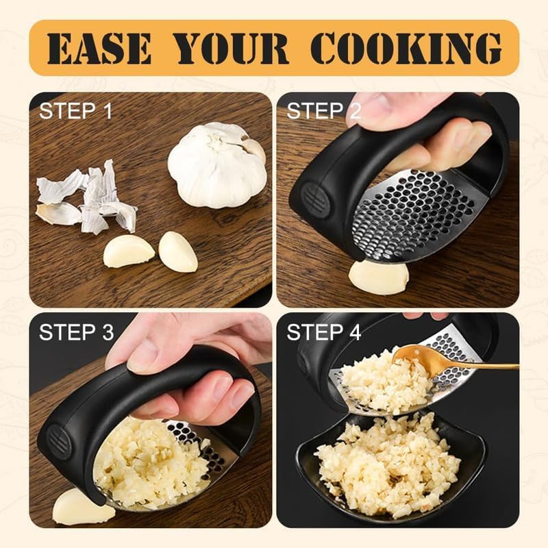 2024 New 304 Stainless Steel Garlic Press & Peeler Set - Easy to Clean Garlic Rocker Crusher with Silicone Tube Roller - Perfect for Cooking, Baking & Meal Prep (Black)