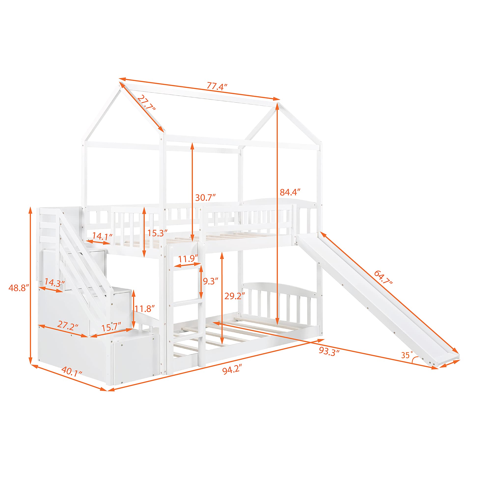 Twin Over Twin Wooden House Bunk Bed with Slide, 2 Drawers, Roof & Guardrails - Kids/Teens House-Shaped Bed, No Box Spring Needed (White) - Perfect for Small Bedrooms, Shared Kids Rooms & Vacation Homes